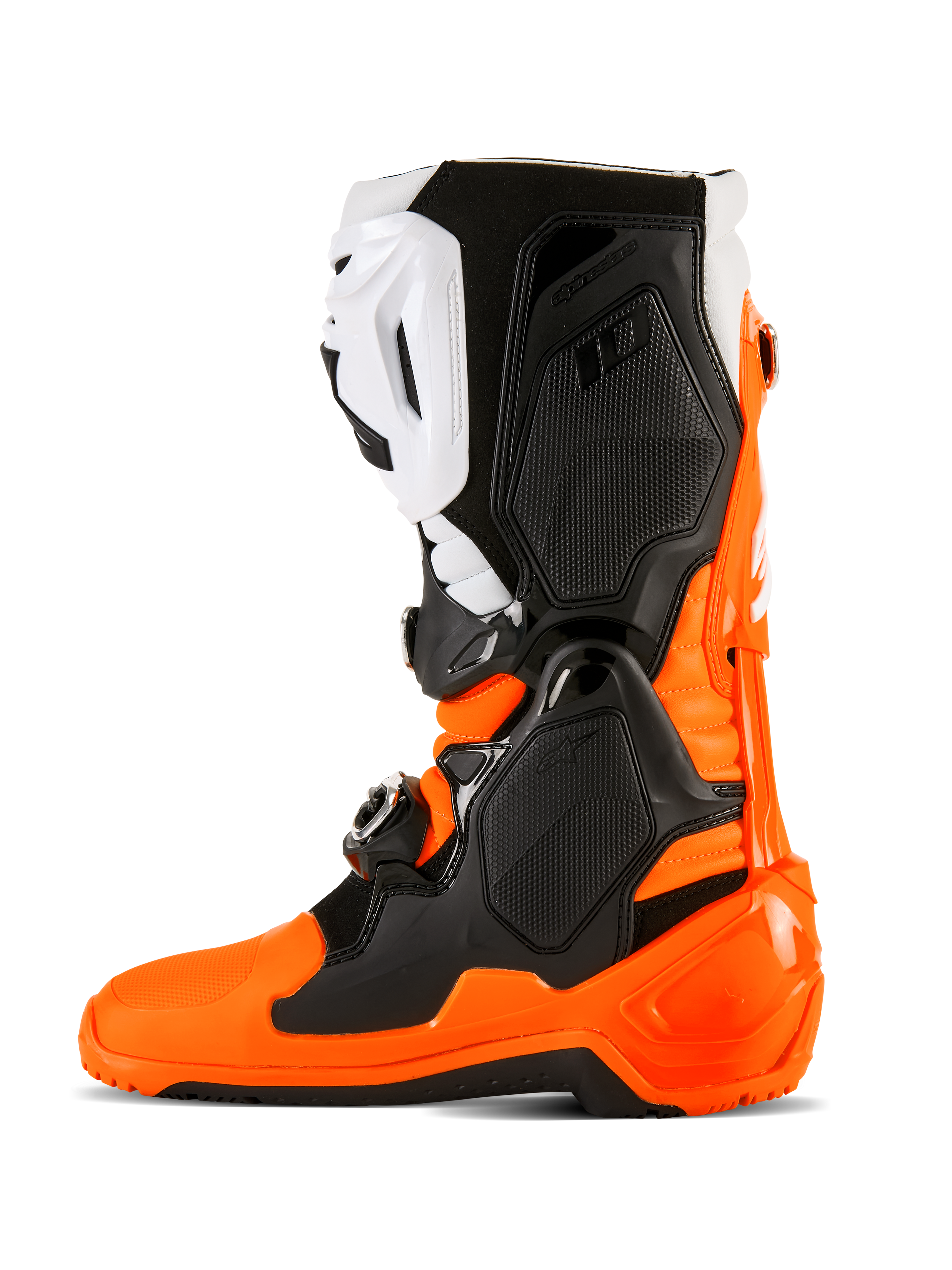 Buty Alpinestars Tech 10 Enduro, pomarańczowy fluo, czarny i biały, wysokowydajne obuwie motocrossowe i off-road z systemem potrójnego zapięcia na klamry, ochronnymi panelami TPU i specjalistyczną podeszwą Enduro o podwójnej mieszance dla zwiększonej przyczepności.