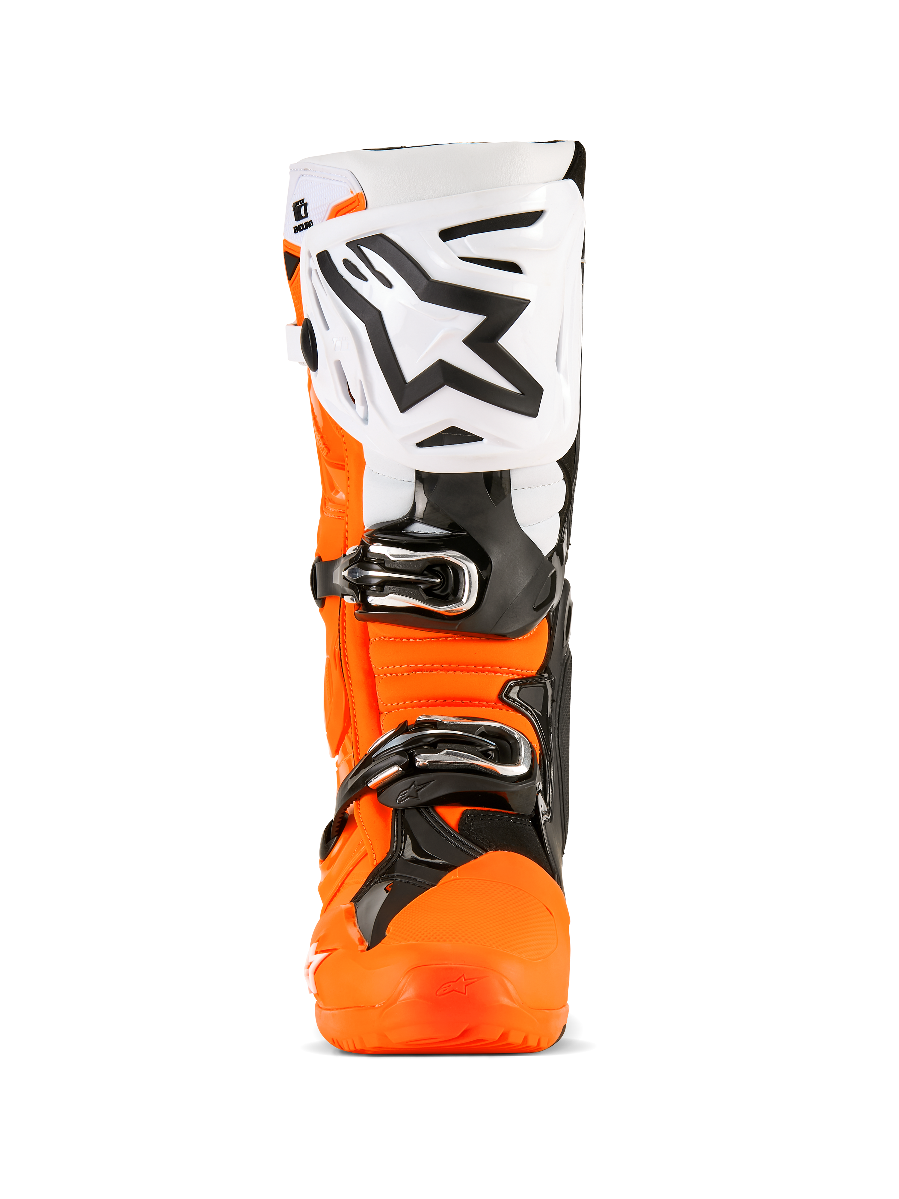 Buty Alpinestars Tech 10 Enduro, buty motocrossowe, kolor pomarańczowy fluo, czarny i biały, widok z przodu z dużą białą płytą goleniową z czarnym logo Alpinestars, czarnymi klamrami i wytrzymałą pomarańczową skorupą ochronną