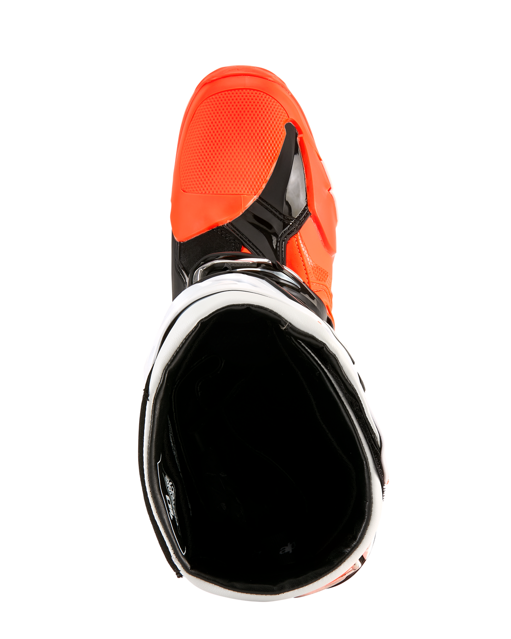 Buty Alpinestars Tech 10 Enduro, pomarańczowy fluo, czarny i biały, widok z góry do wnętrza buta, pokazujący czarną wyściółkę i jaskrawopomarańczową strefę palców, profesjonalne obuwie motocyklowe off-road