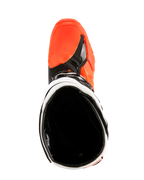 Buty Alpinestars Tech 10 Enduro, pomarańczowy fluo, czarny i biały, widok z góry do wnętrza buta, pokazujący czarną wyściółkę i jaskrawopomarańczową strefę palców, profesjonalne obuwie motocyklowe off-road