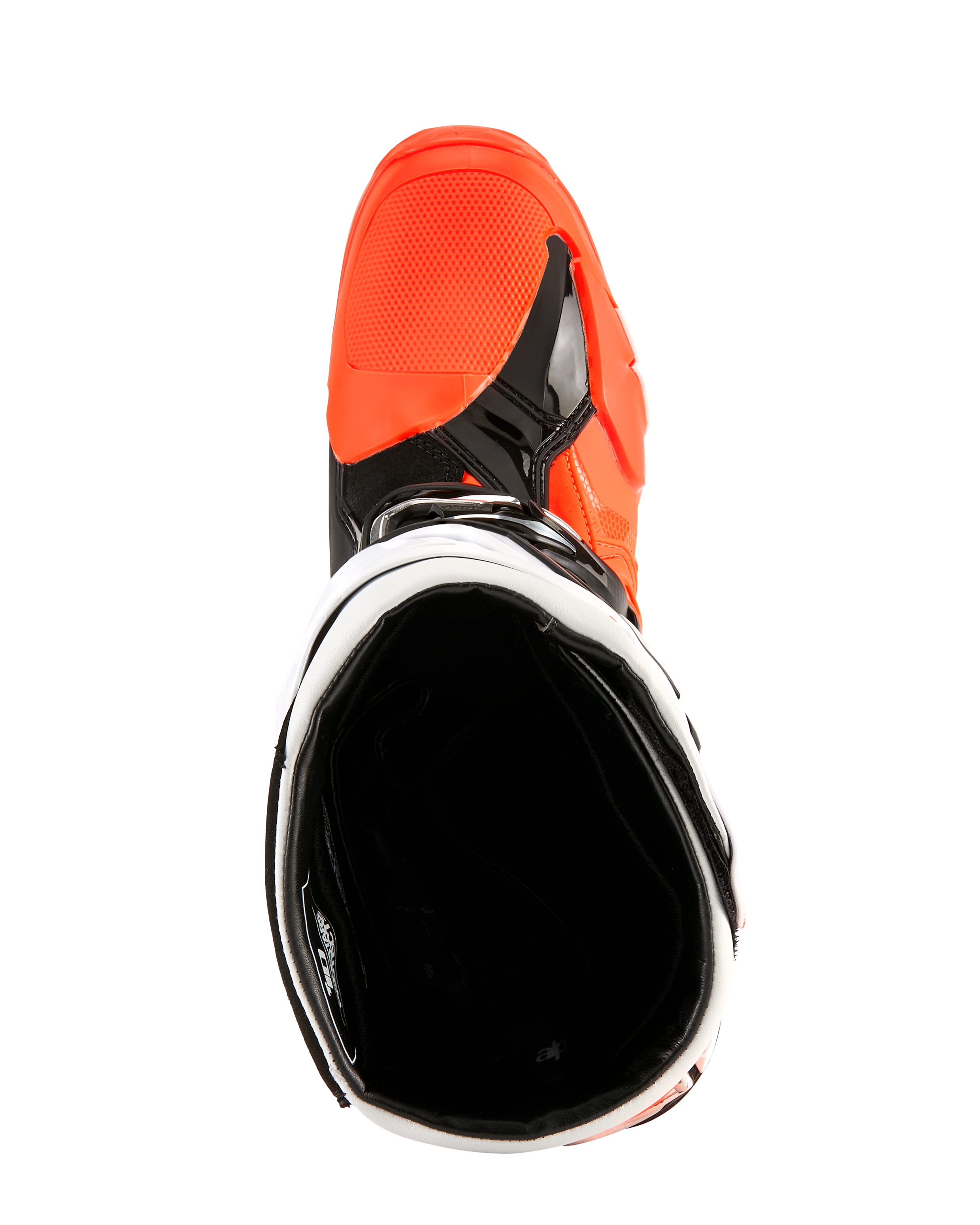 Buty Alpinestars Tech 10 Enduro, pomarańczowy fluo, czarny i biały, widok z góry do wnętrza buta, pokazujący czarną wyściółkę i jaskrawopomarańczową strefę palców, profesjonalne obuwie motocyklowe off-road