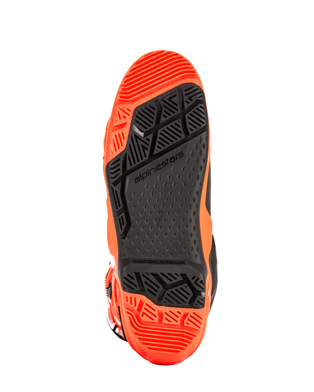 Alpinestars Tech 10 Enduro Boots, szczegółowy widok podeszwy, pomarańczowy fluo i czarny, wyposażone w specjalistyczny bieżnik o podwójnej mieszance z geometrycznymi wzorami o wysokiej przyczepności oraz wymienną wkładkę podnóżka dla wydajności off-road.