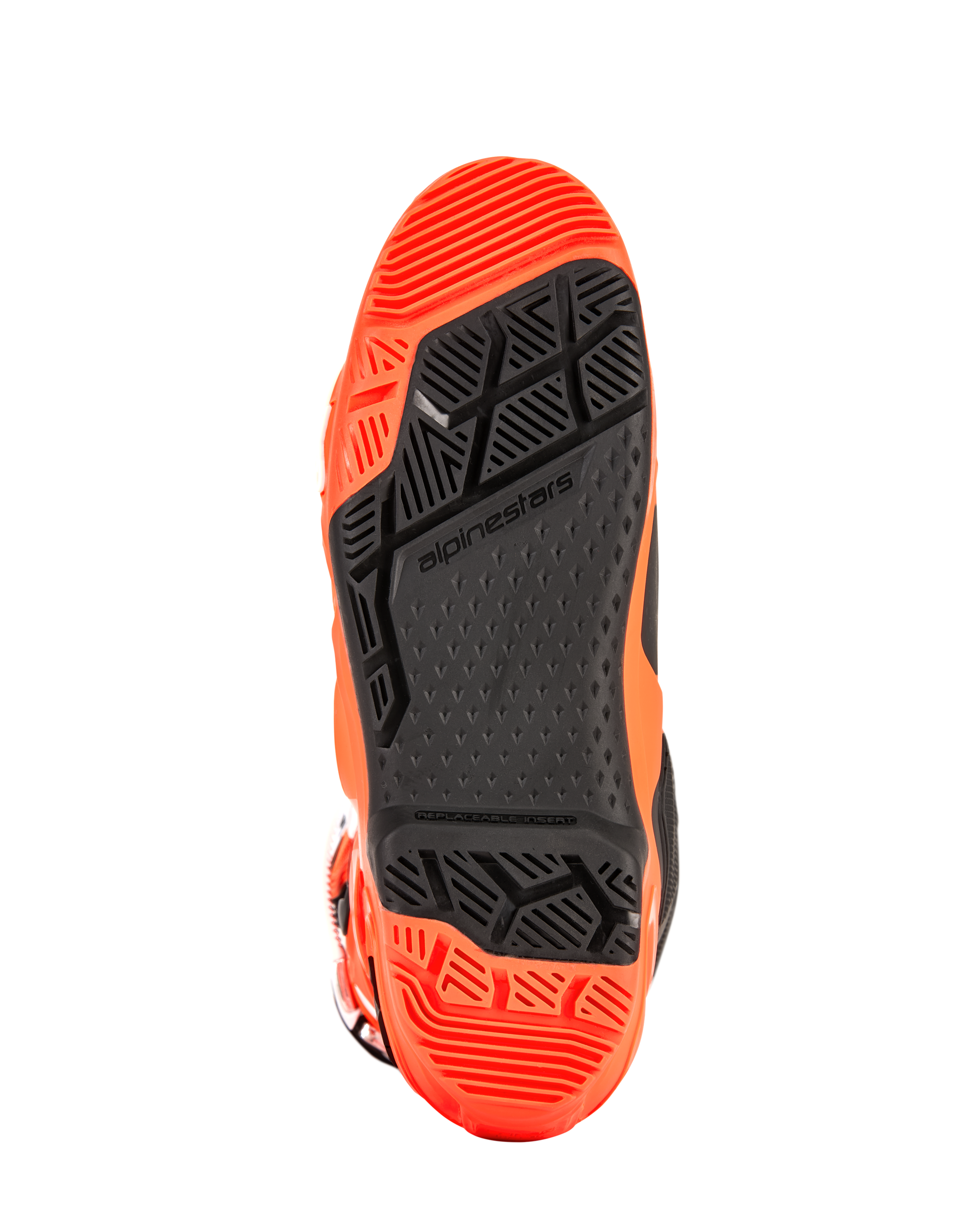 Alpinestars Tech 10 Enduro Boots, szczegółowy widok podeszwy, pomarańczowy fluo i czarny, wyposażone w specjalistyczny bieżnik o podwójnej mieszance z geometrycznymi wzorami o wysokiej przyczepności oraz wymienną wkładkę podnóżka dla wydajności off-road.