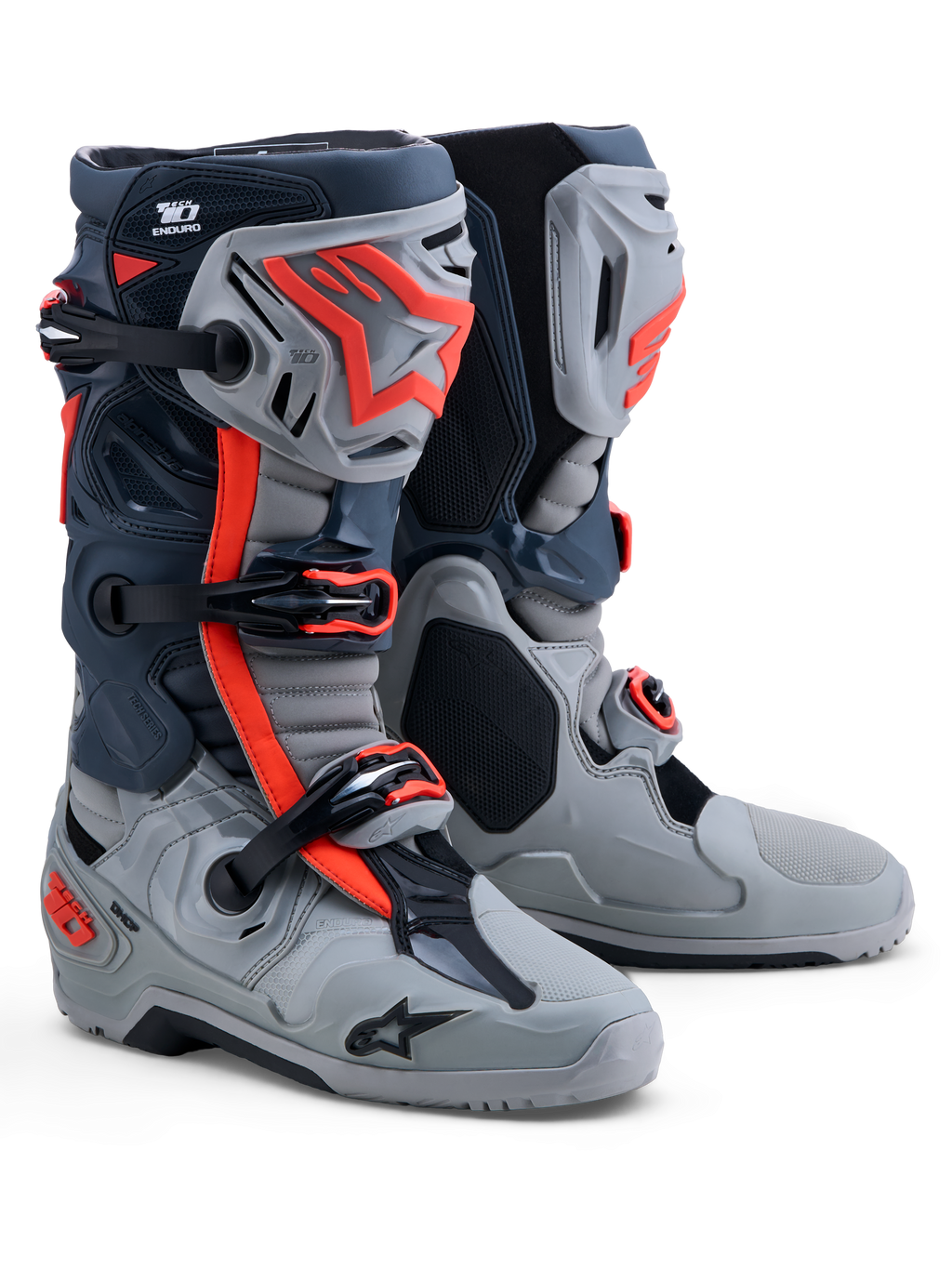 Alpinestars Tech-10 Enduro, męskie buty motocyklowe terenowe, szare i czerwone fluo, ochrona TPU, certyfikowane CE