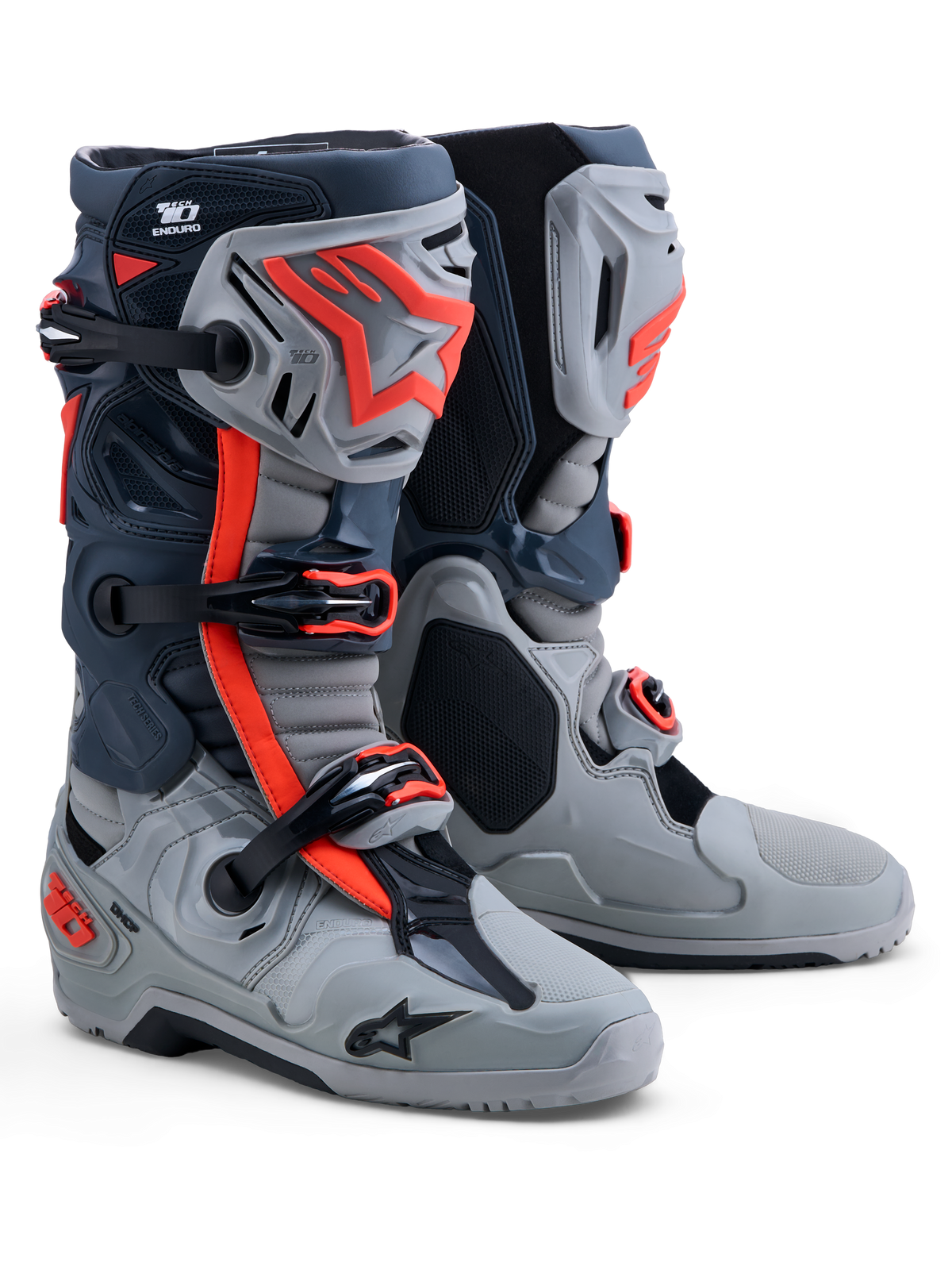 Alpinestars Tech-10 Enduro, męskie buty motocyklowe terenowe, szare i czerwone fluo, ochrona TPU, certyfikowane CE