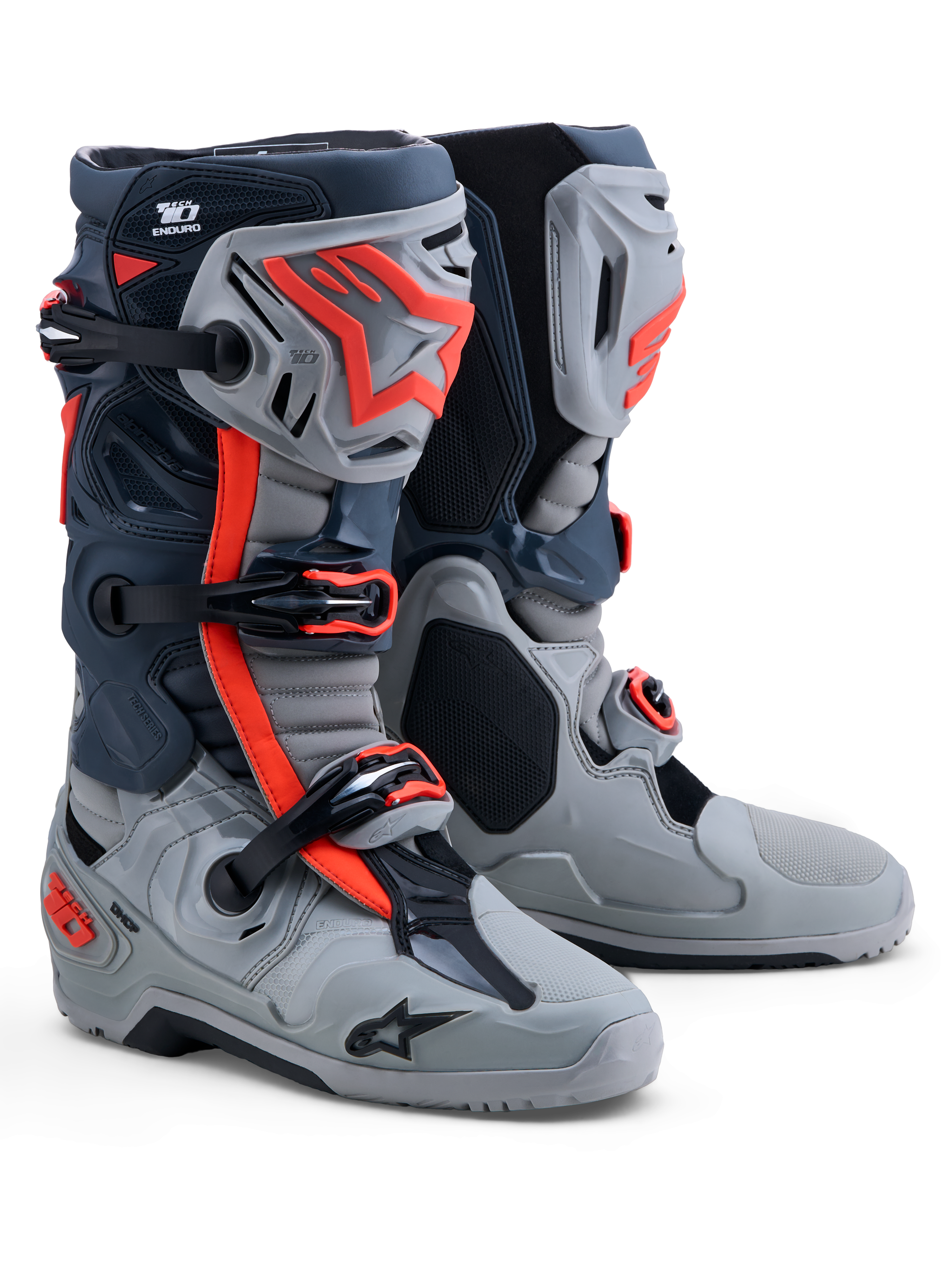Alpinestars Tech-10 Enduro, męskie buty motocyklowe terenowe, szare i czerwone fluo, ochrona TPU, certyfikowane CE