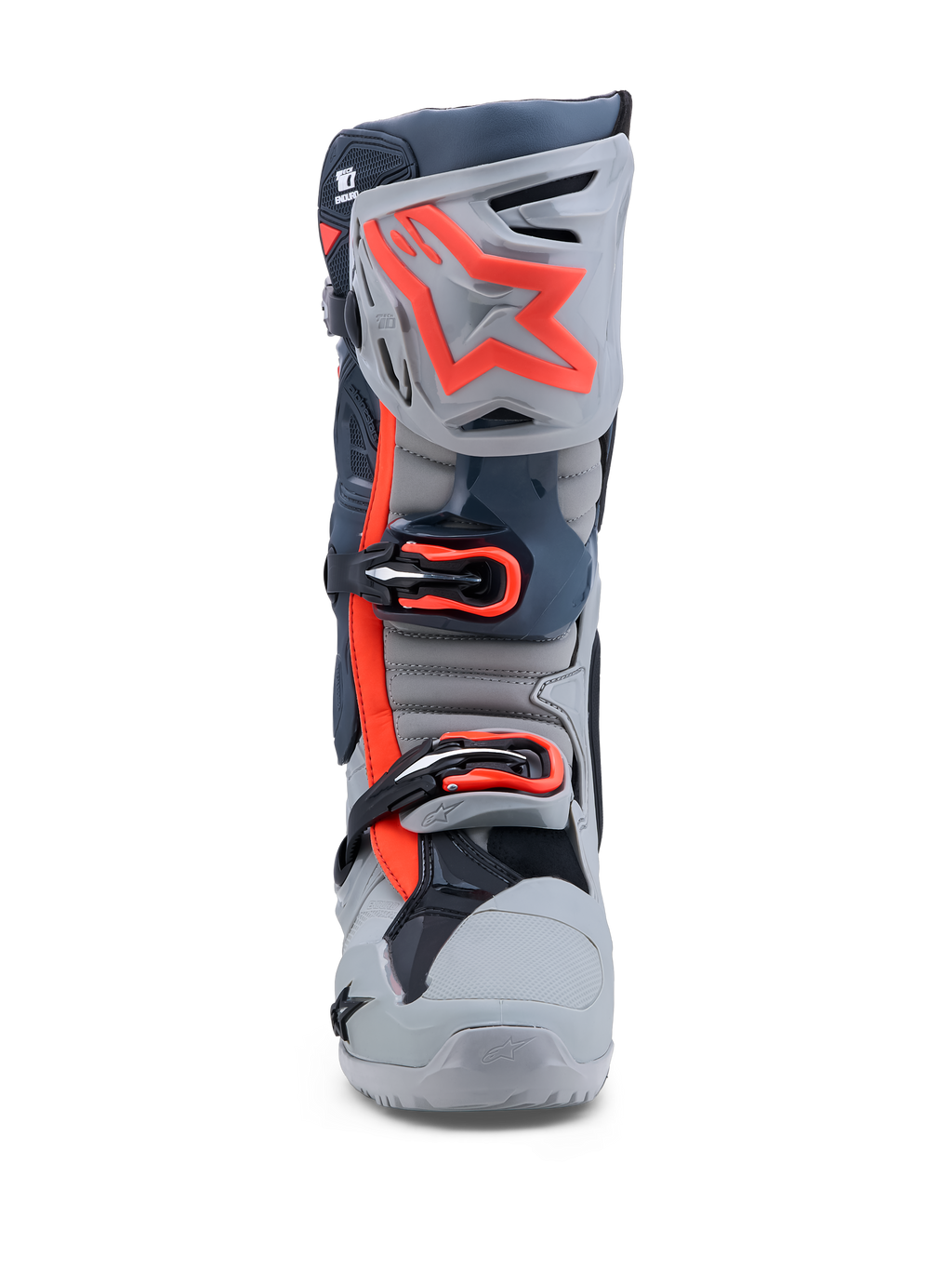 Buty Alpinestars Tech-10 Enduro, buty motocyklowe enduro, szare i czerwone fluo, z płytką goleniową TPU i systemem klamer.