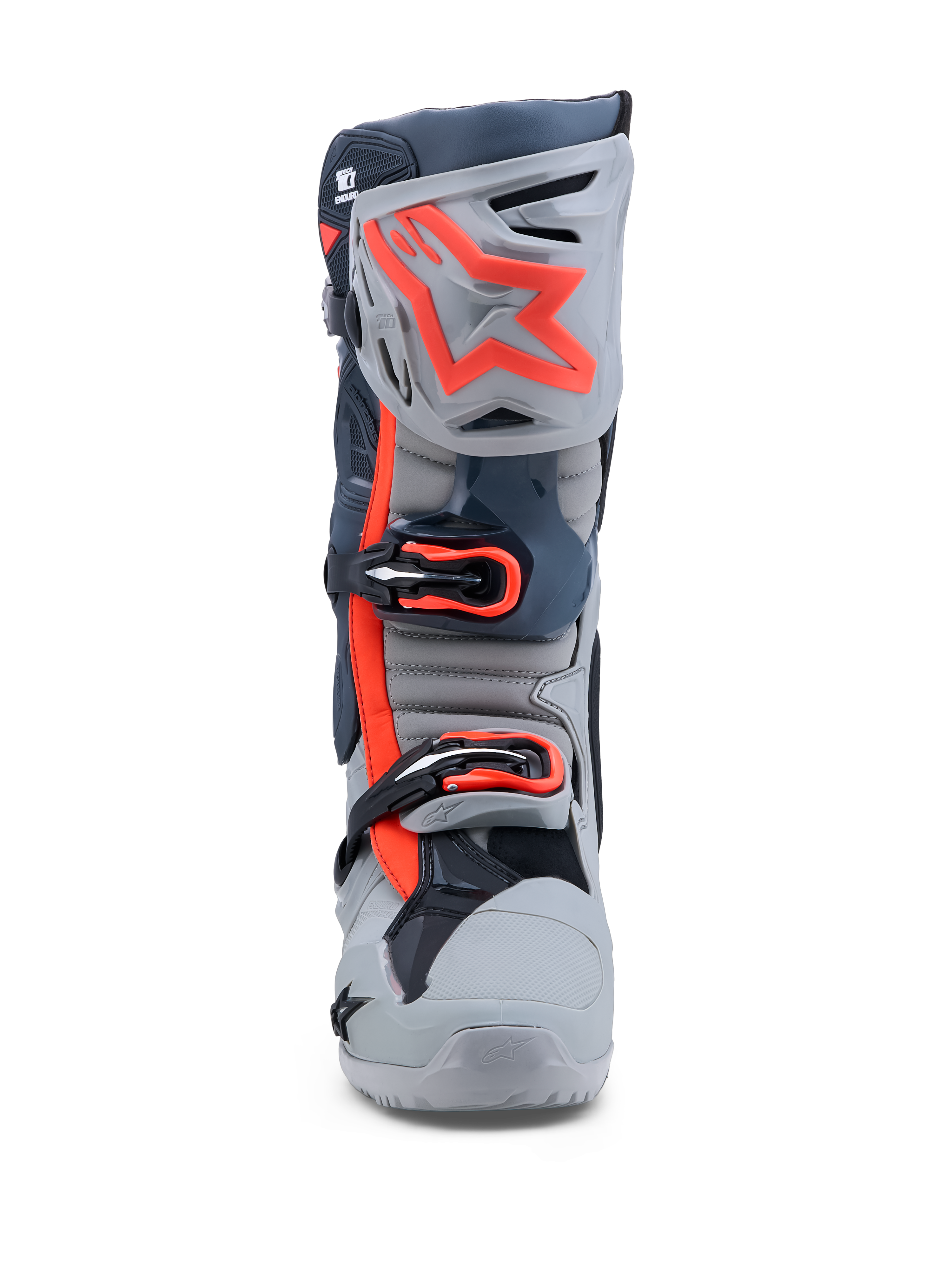 Buty Alpinestars Tech-10 Enduro, buty motocyklowe enduro, szare i czerwone fluo, z płytką goleniową TPU i systemem klamer.