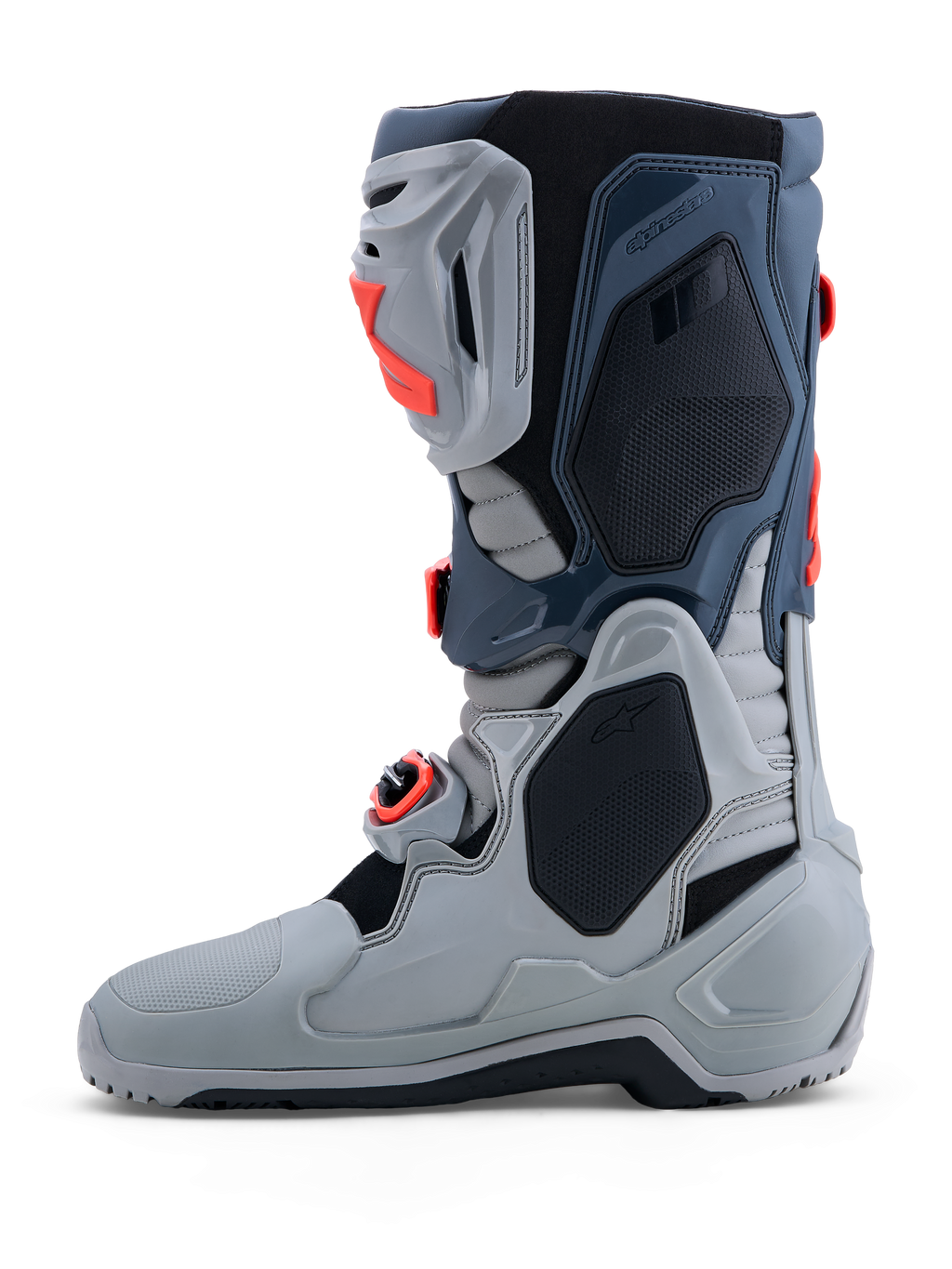 Alpinestars Tech-10 Enduro, męskie buty motocyklowe off-road, szare i czerwone, zaawansowany pancerz TPU, system klamer, podeszwa enduro