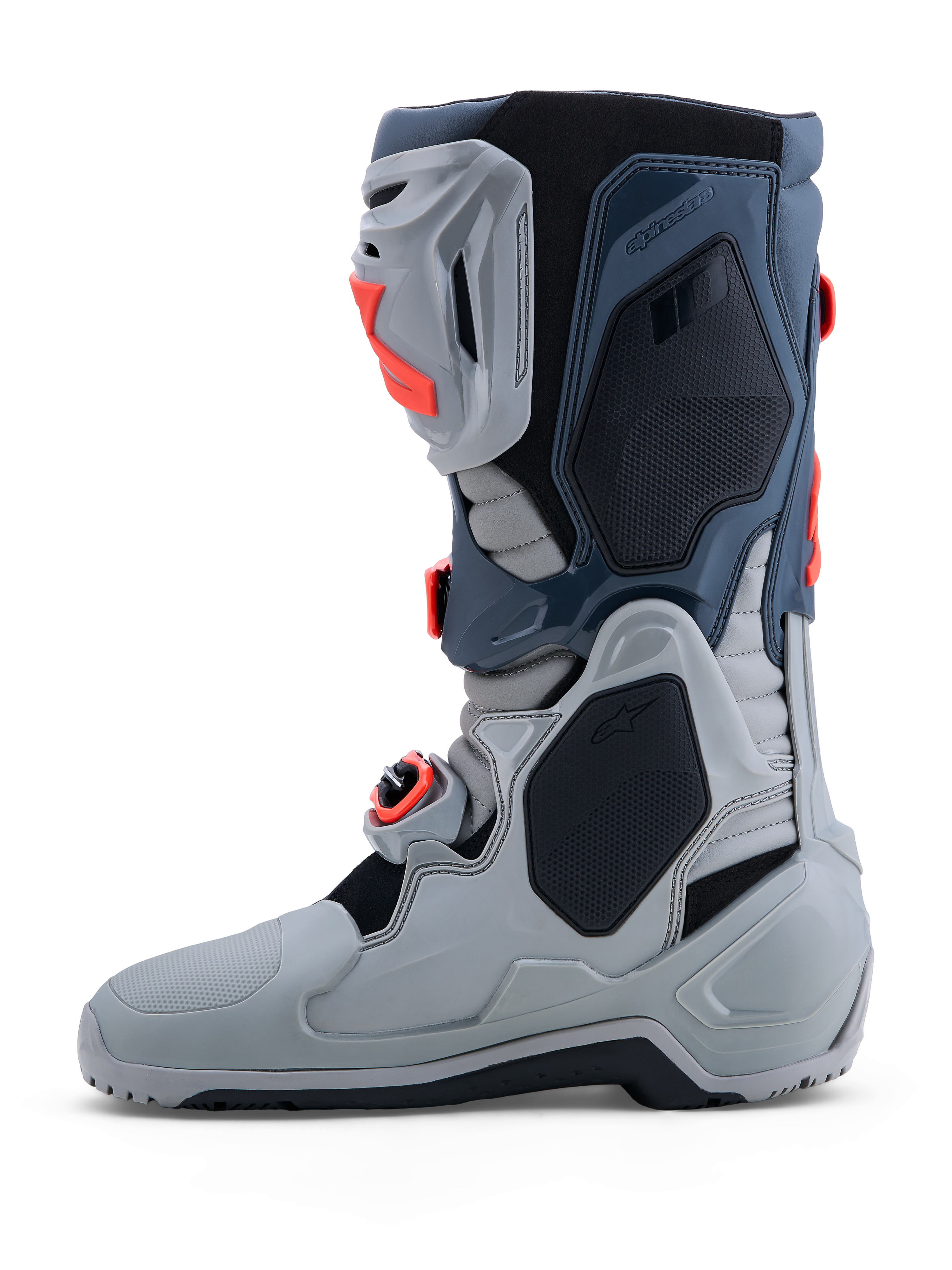 Alpinestars Tech-10 Enduro, męskie buty motocyklowe off-road, szare i czerwone, zaawansowany pancerz TPU, system klamer, podeszwa enduro