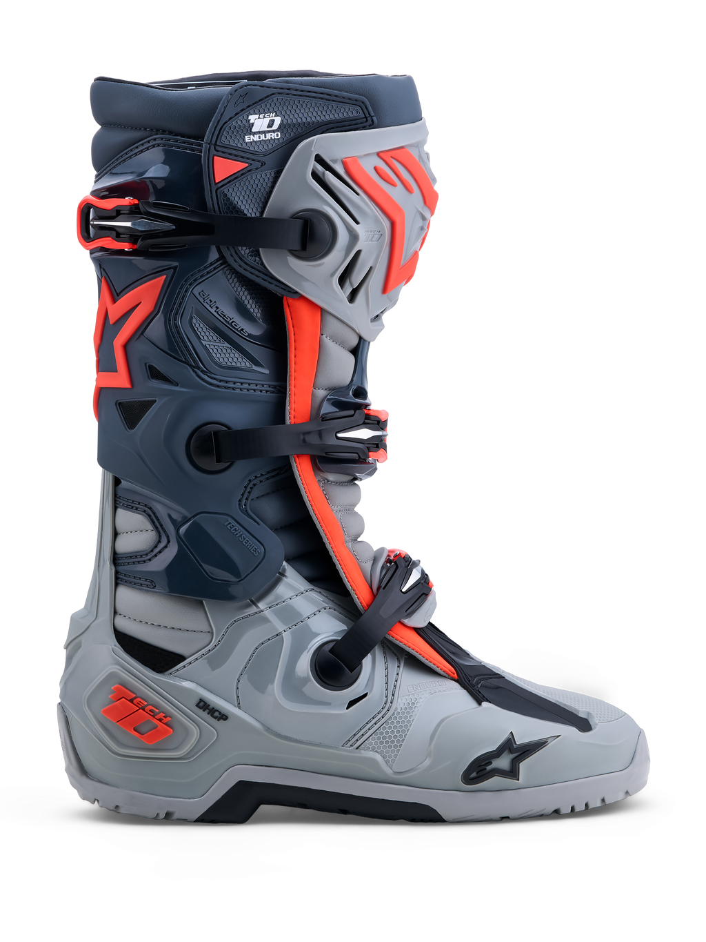 Alpinestars Tech-10 Enduro, buty motocyklowe terenowe, szare i czerwone fluo, ochrona TPU i system DCHP, obuwie do enduro.