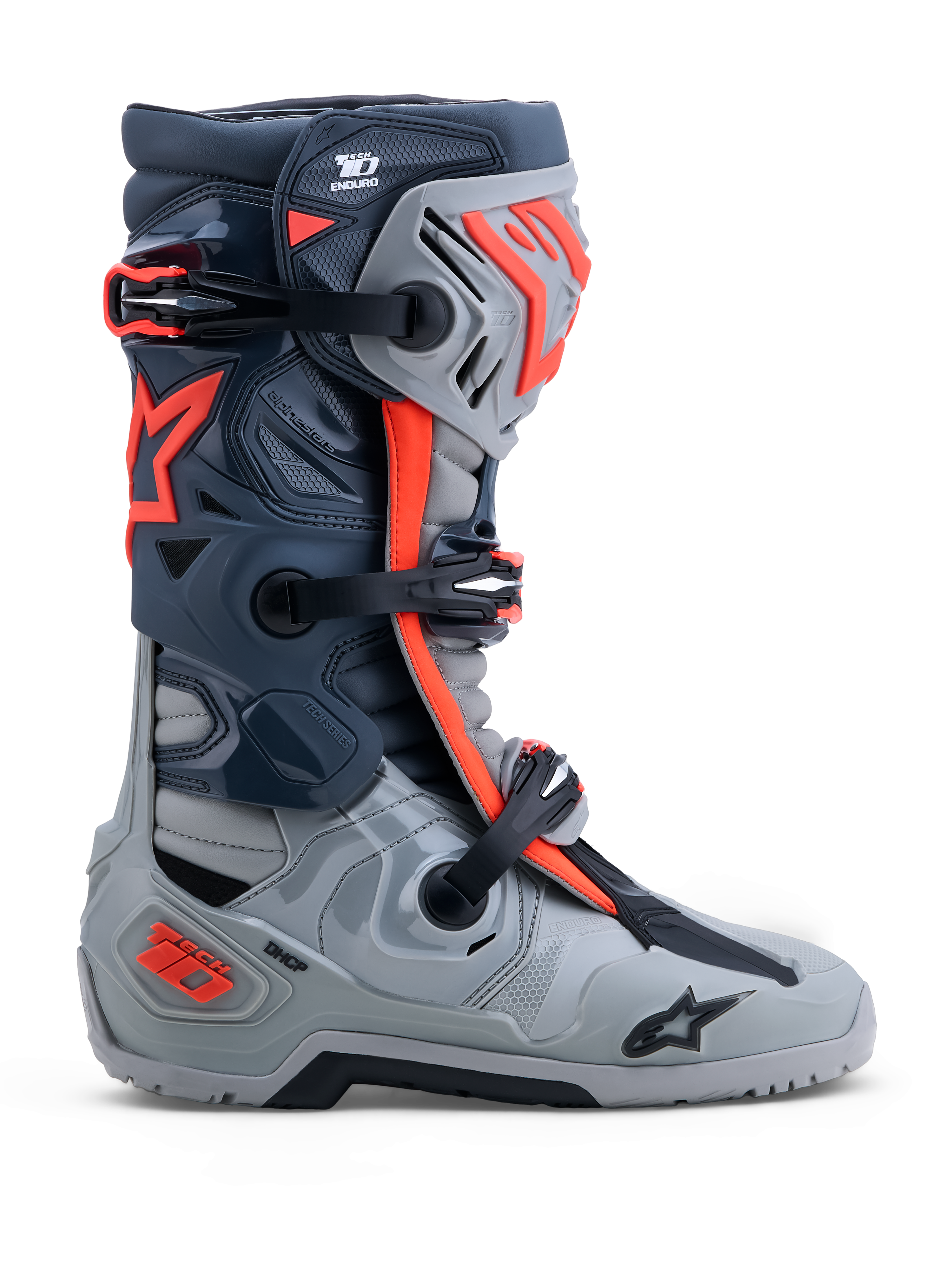 Alpinestars Tech-10 Enduro, buty motocyklowe terenowe, szare i czerwone fluo, ochrona TPU i system DCHP, obuwie do enduro.