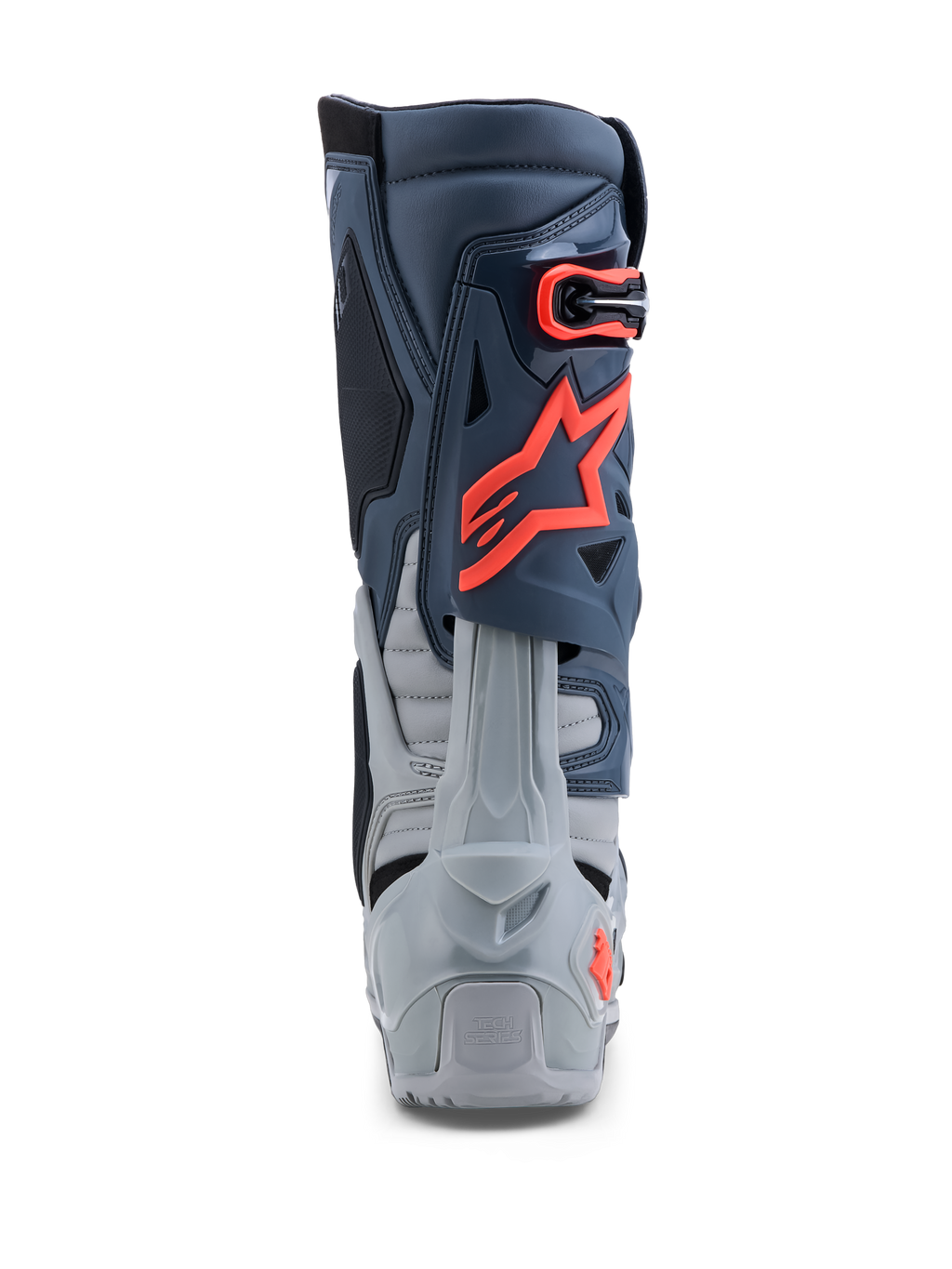 Buty Alpinestars Tech-10 Enduro, szare i czerwone fluo buty motocyklowe off-road, widok od tyłu pokazujący ochronę pięty i TPU.