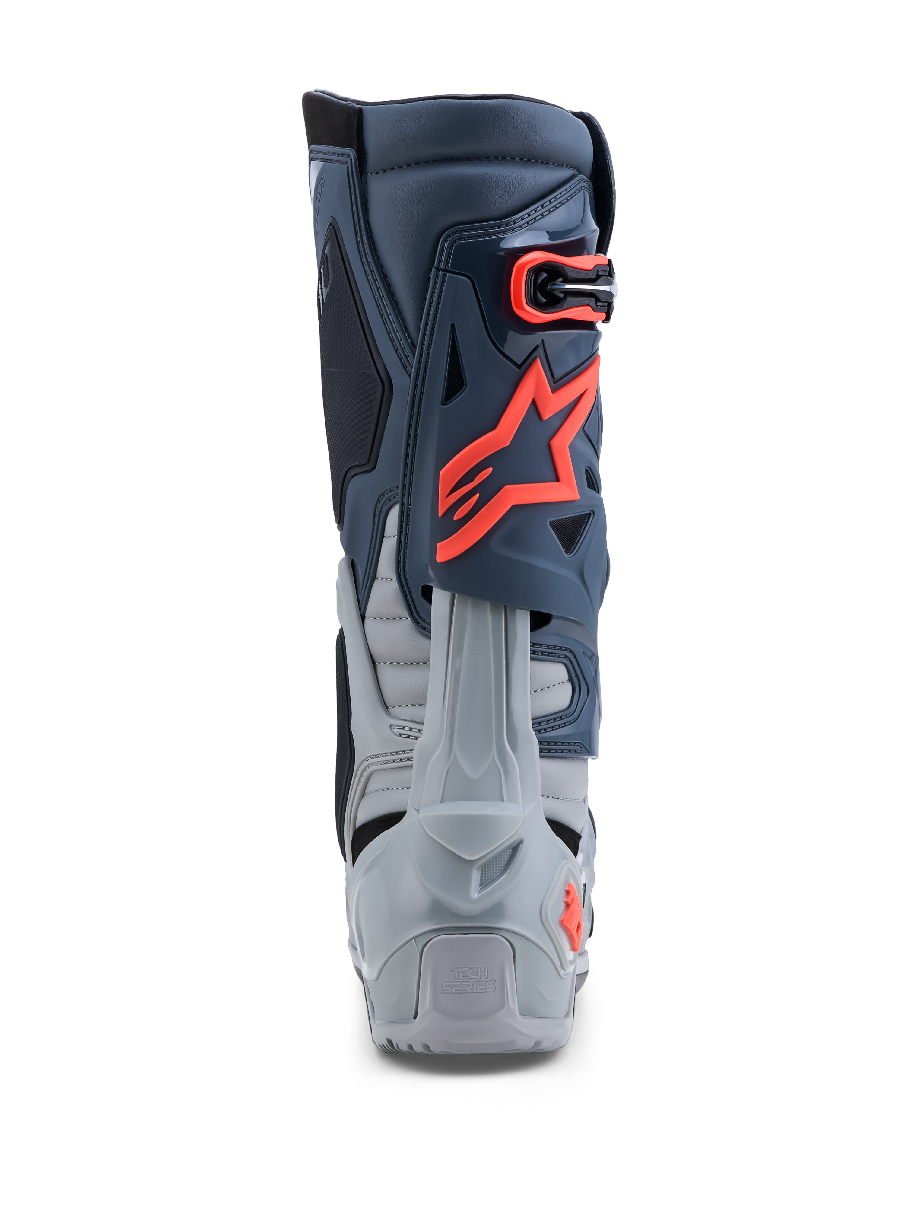 Buty Alpinestars Tech-10 Enduro, szare i czerwone fluo buty motocyklowe off-road, widok od tyłu pokazujący ochronę pięty i TPU.