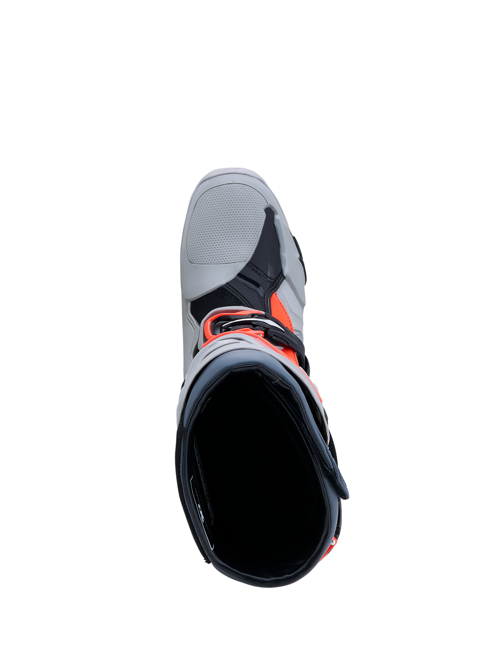Buty Alpinestars Tech-10 Enduro, męskie buty off-road, szare i czerwone fluo, widok z góry na wnętrze i zapięcie na klamry.