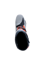 Buty Alpinestars Tech-10 Enduro, męskie buty off-road, szare i czerwone fluo, widok z góry na wnętrze i zapięcie na klamry.