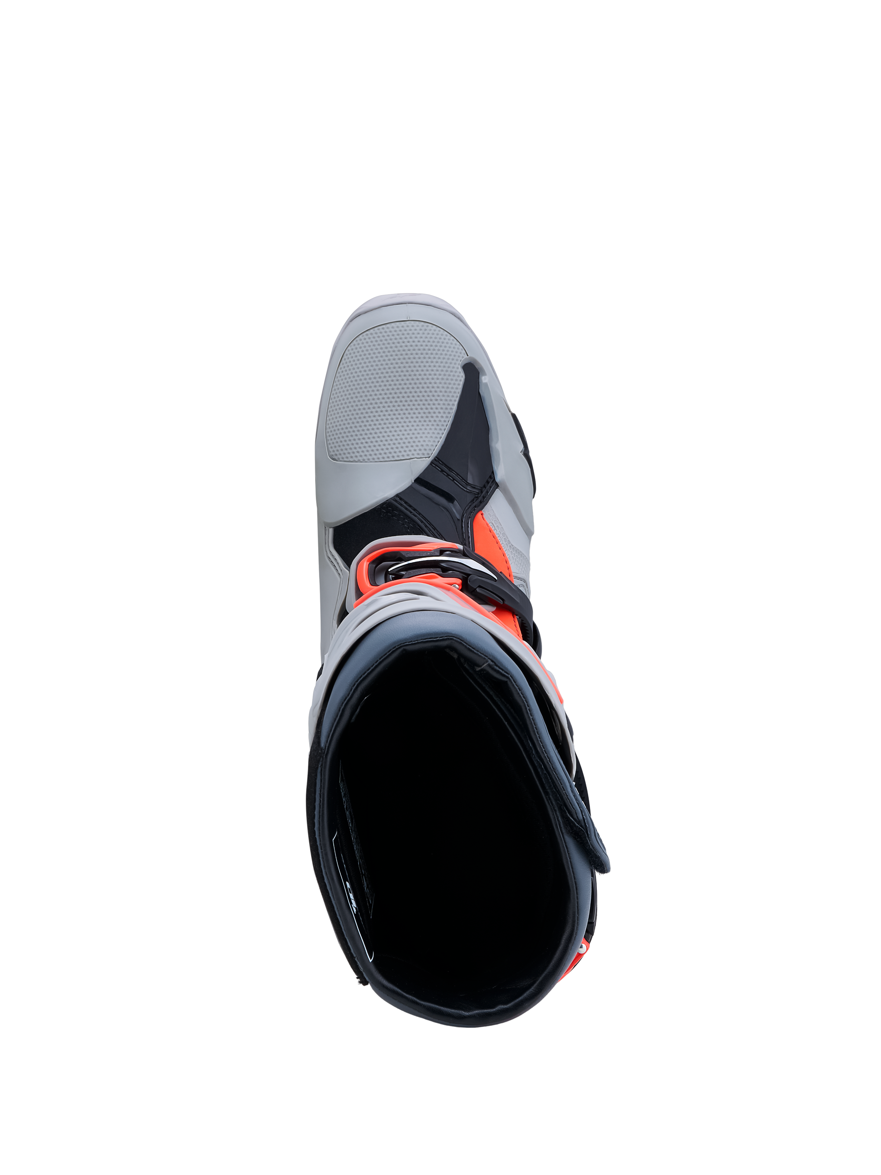 Buty Alpinestars Tech-10 Enduro, męskie buty off-road, szare i czerwone fluo, widok z góry na wnętrze i zapięcie na klamry.