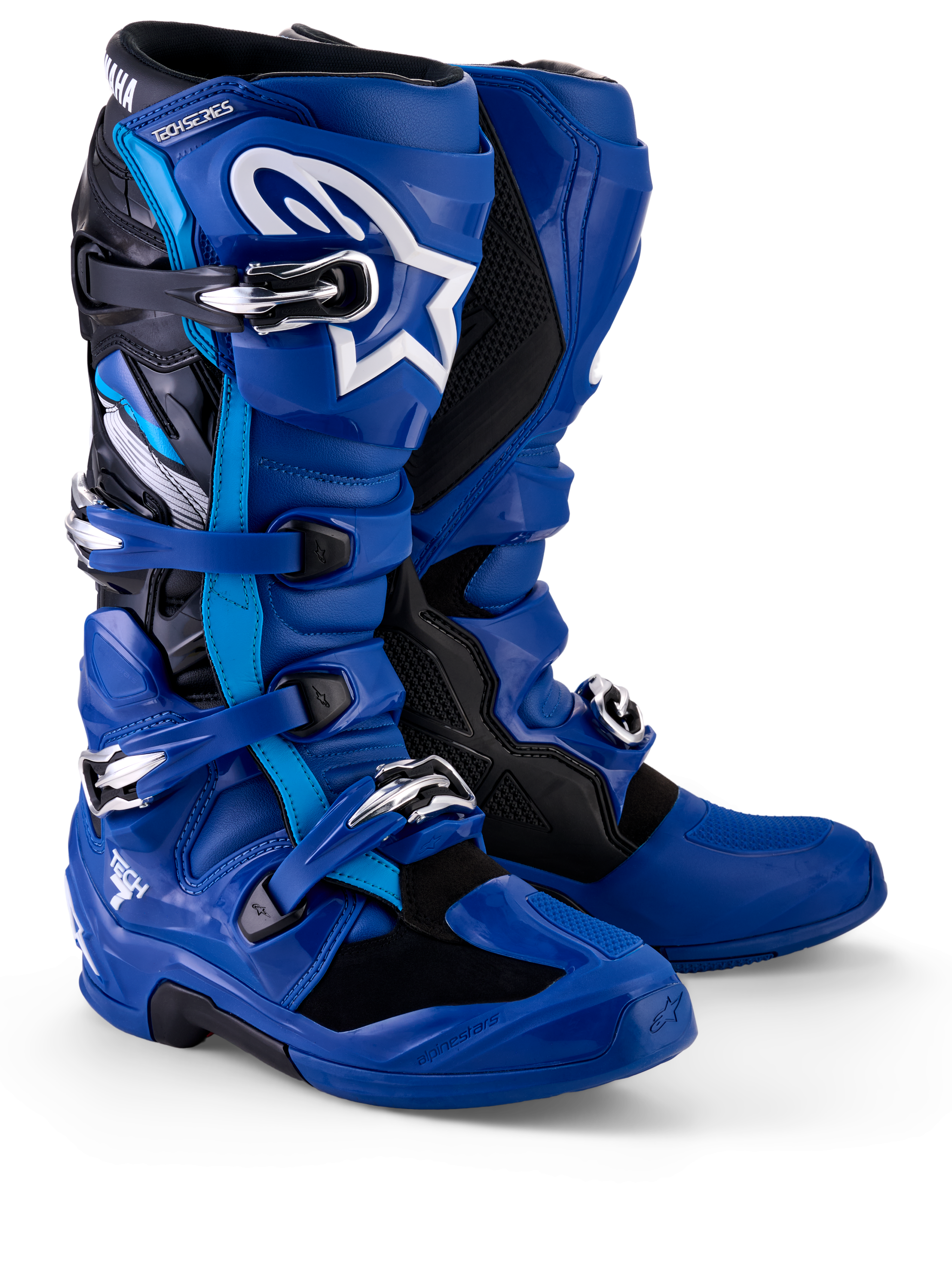 Alpinestars Yamaha Tech 7 Boots, buty motocrossowe, niebiesko-czarno-białe, wyposażone w system zapięć na wiele klamer, ochraniacz goleni TPU z białym logo Astar oraz oznaczenia Yamaha na górnym kołnierzu, zaprojektowane do jazdy terenowej