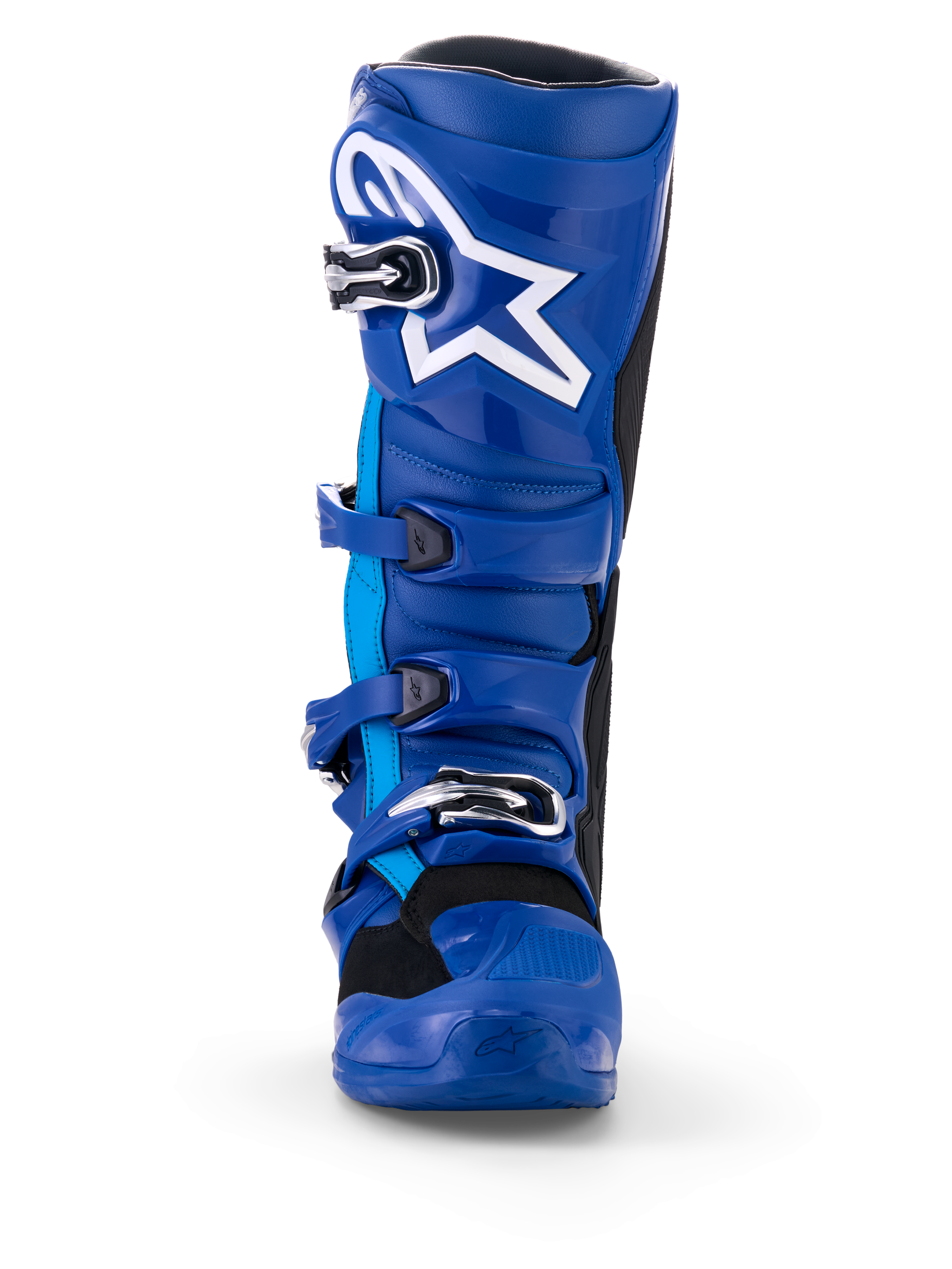 Buty Alpinestars Yamaha Tech 7, buty motocrossowe, niebiesko-białe, widok z przodu, białe logo Astar, srebrny system klamer i wytrzymała powłoka ochronna TPU do wyścigów motocrossowych