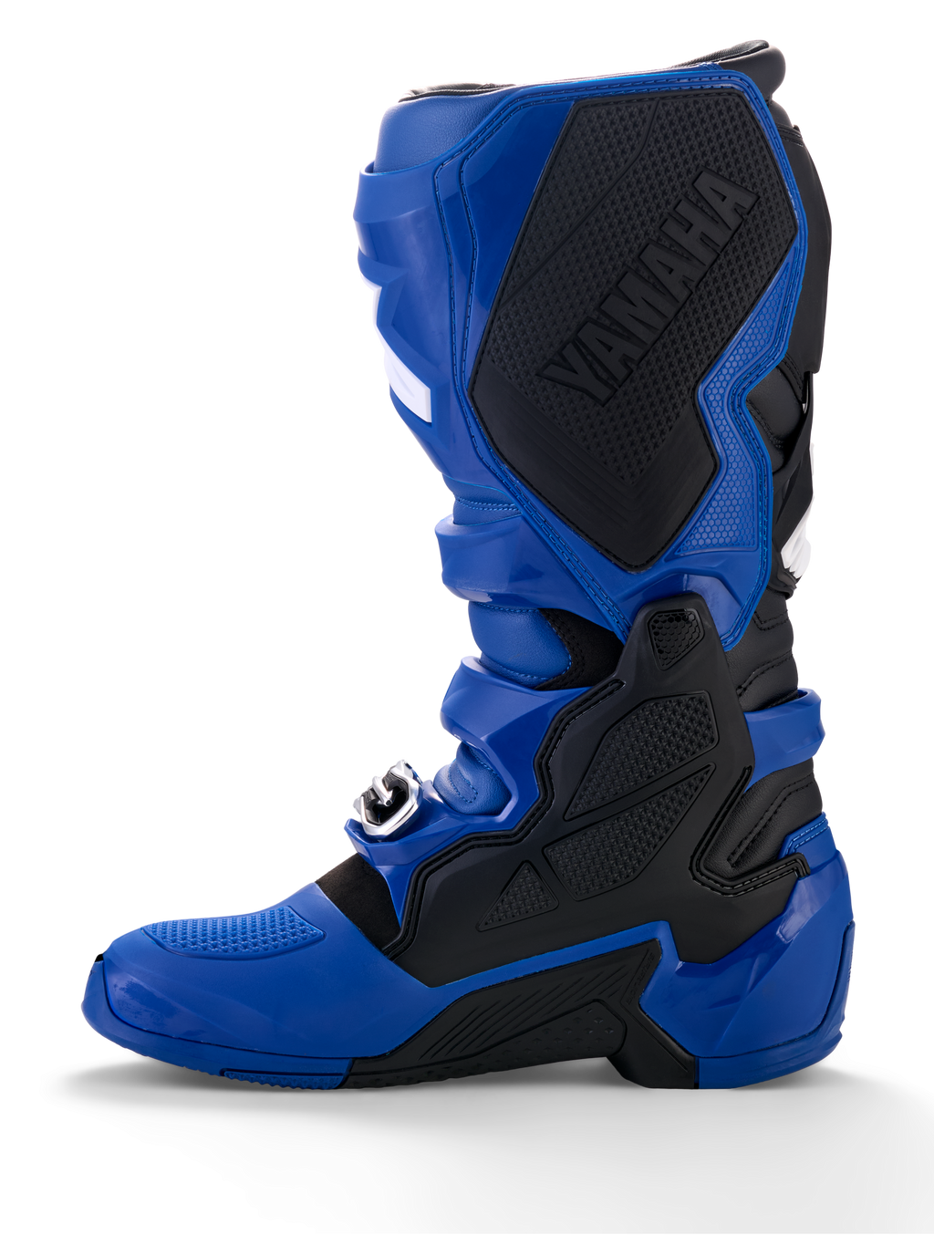 Buty Alpinestars Yamaha Tech 7, buty motocrossowe, niebiesko-czarne, duże czarne logo Yamaha na wewnętrznym panelu, ochrona TPU, wytrzymała podeszwa do jazdy w terenie