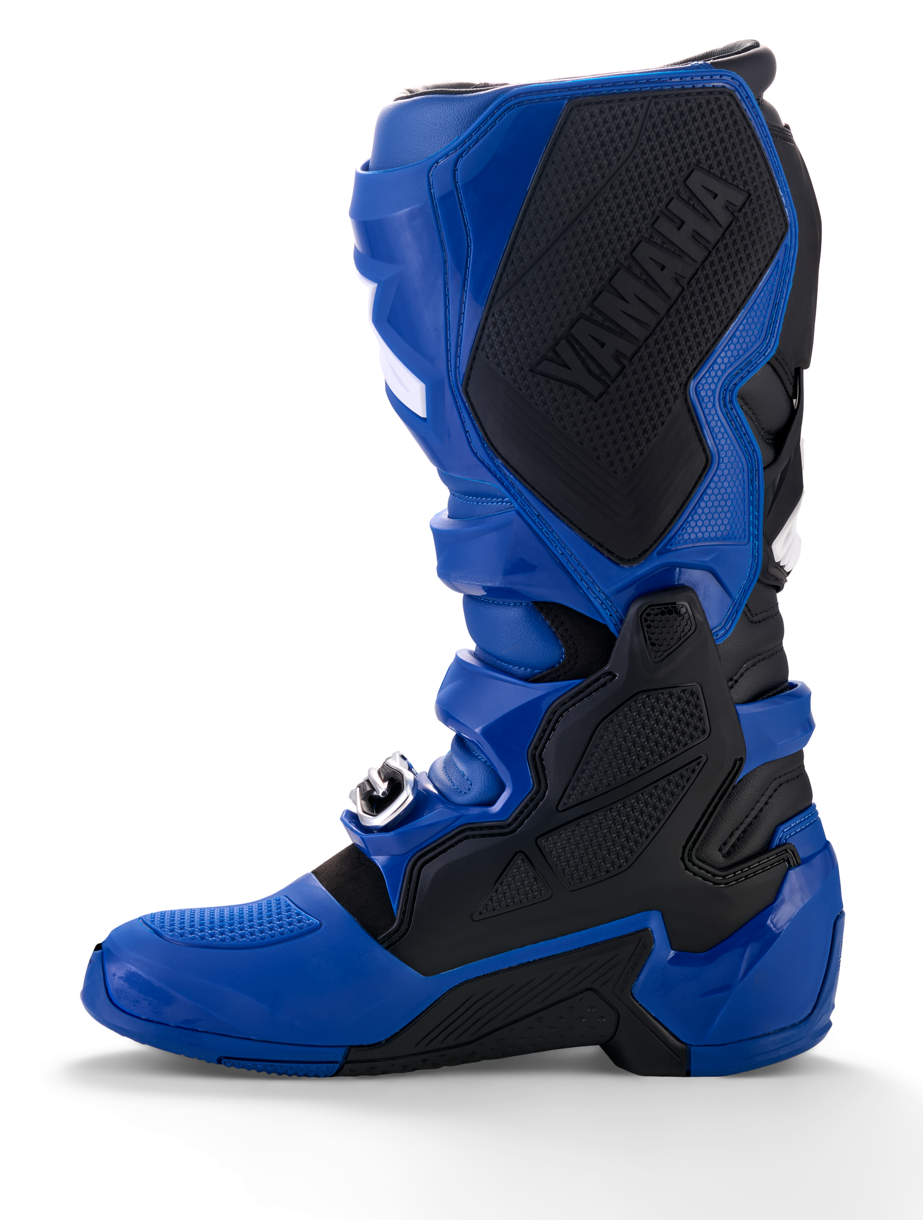 Buty Alpinestars Yamaha Tech 7, buty motocrossowe, niebiesko-czarne, duże czarne logo Yamaha na wewnętrznym panelu, ochrona TPU, wytrzymała podeszwa do jazdy w terenie