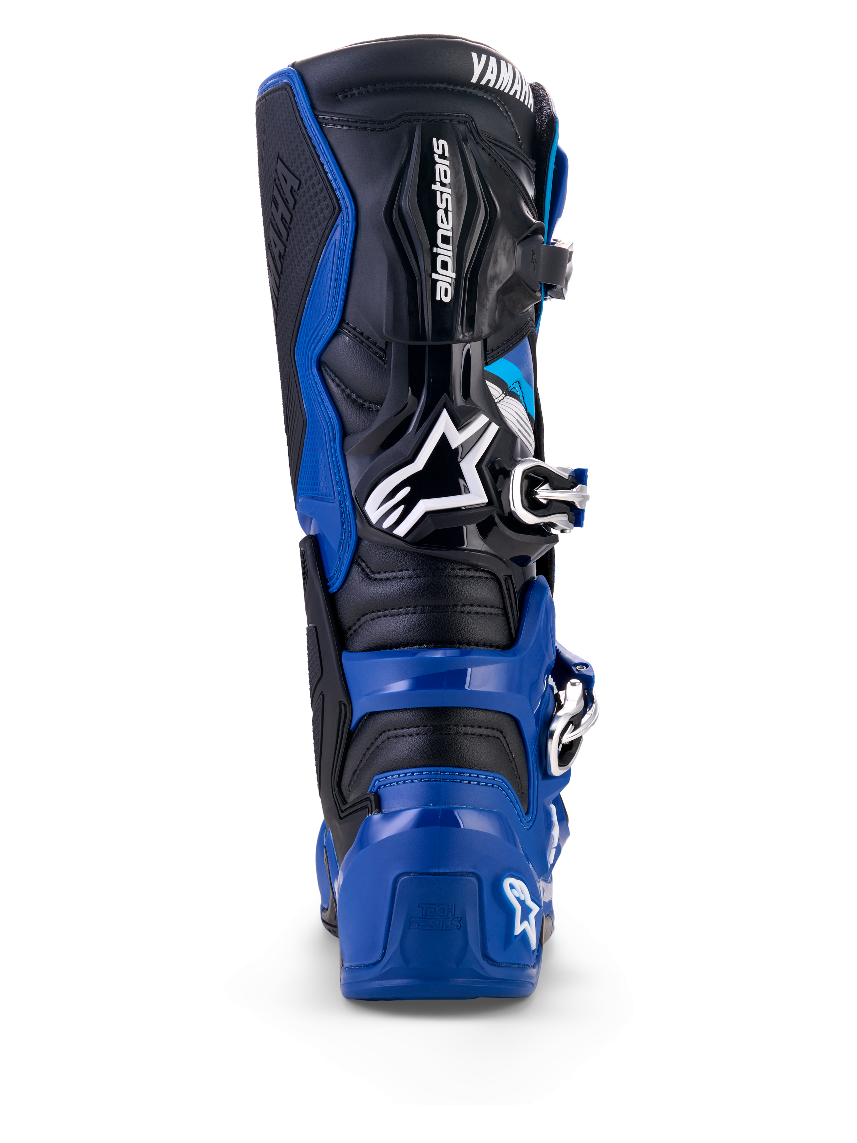 Buty Alpinestars Yamaha Tech 7, widok z tyłu, kolor niebiesko-czarno-biały, ochronna powłoka TPU, przegubowy system kostki, wyraźne logo Alpinestars i Yamaha, zaprojektowane do motocrossu i jazdy off-road