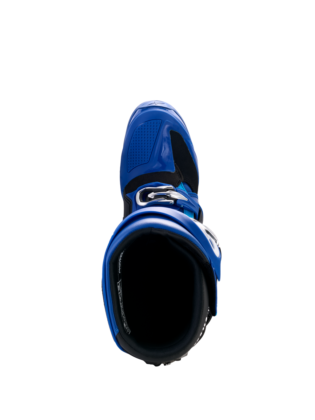Buty Alpinestars Yamaha Tech 7, buty motocrossowe, niebieskie, czarne i białe, widok z góry pokazujący otwór wewnętrzny i system regulowanych klamer, wysokowydajne obuwie ochronne do wyścigów terenowych