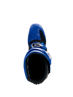 Buty Alpinestars Yamaha Tech 7, buty motocrossowe, niebieskie, czarne i białe, widok z góry pokazujący otwór wewnętrzny i system regulowanych klamer, wysokowydajne obuwie ochronne do wyścigów terenowych