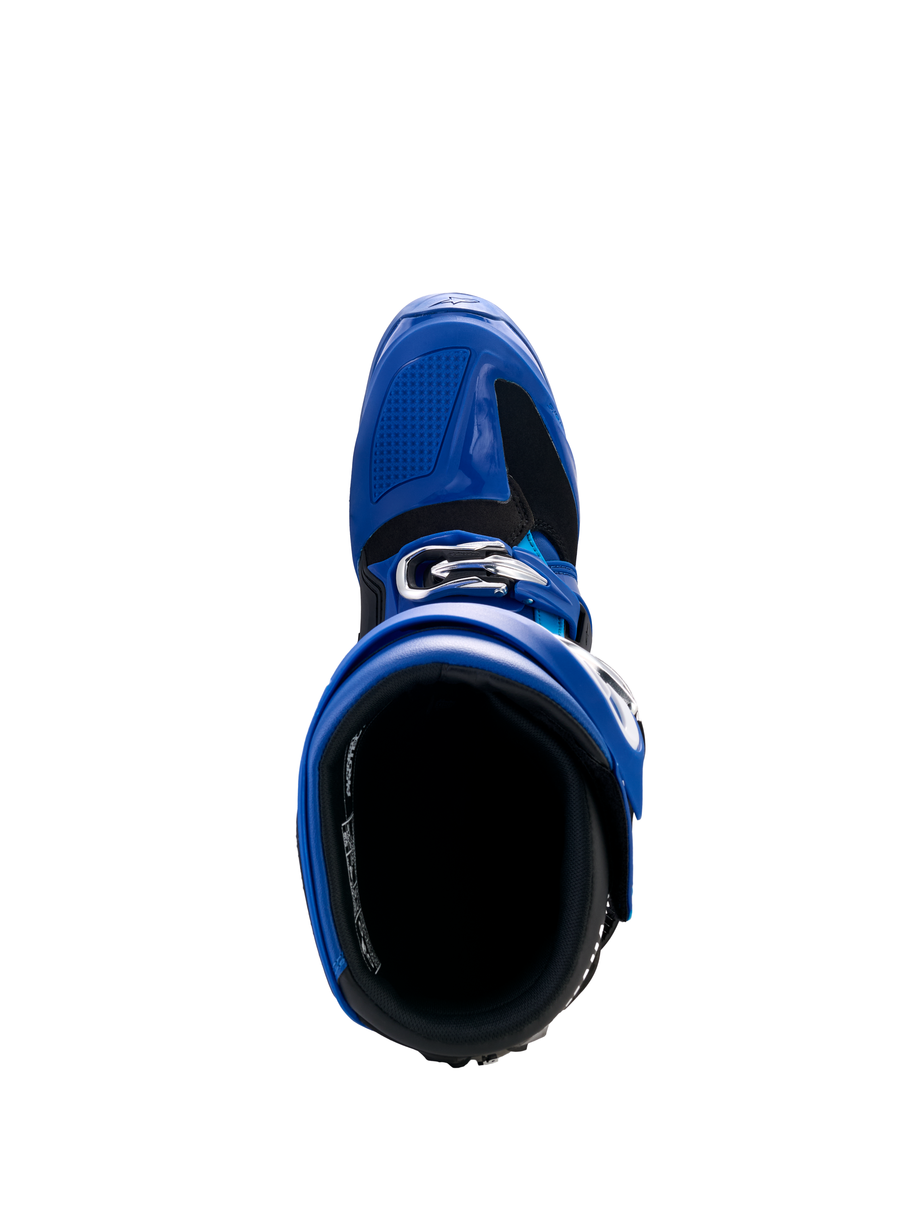 Buty Alpinestars Yamaha Tech 7, buty motocrossowe, niebieskie, czarne i białe, widok z góry pokazujący otwór wewnętrzny i system regulowanych klamer, wysokowydajne obuwie ochronne do wyścigów terenowych