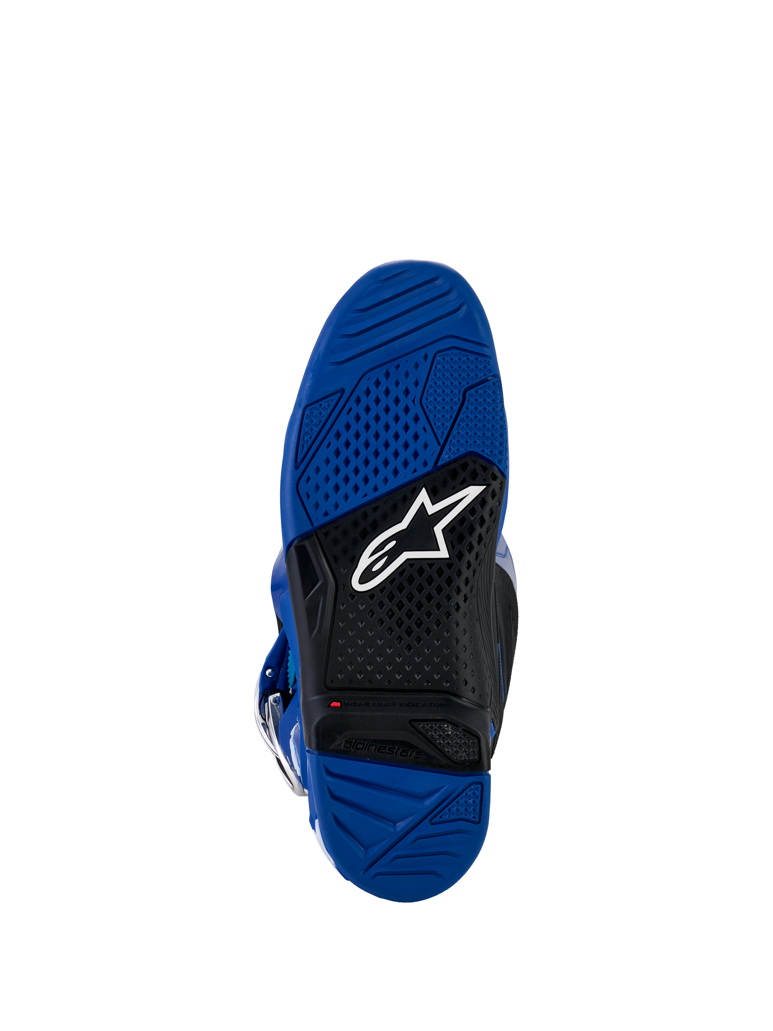 Alpinestars Yamaha Tech 7 Boots, buty motocrossowe, widok niebieskiej i czarnej podeszwy, dwuskładnikowa wulkanizowana gumowa podeszwa zewnętrzna z teksturowanym wzorem przyczepności, białe logo Alpinestars i czerwony wskaźnik limitu zużycia