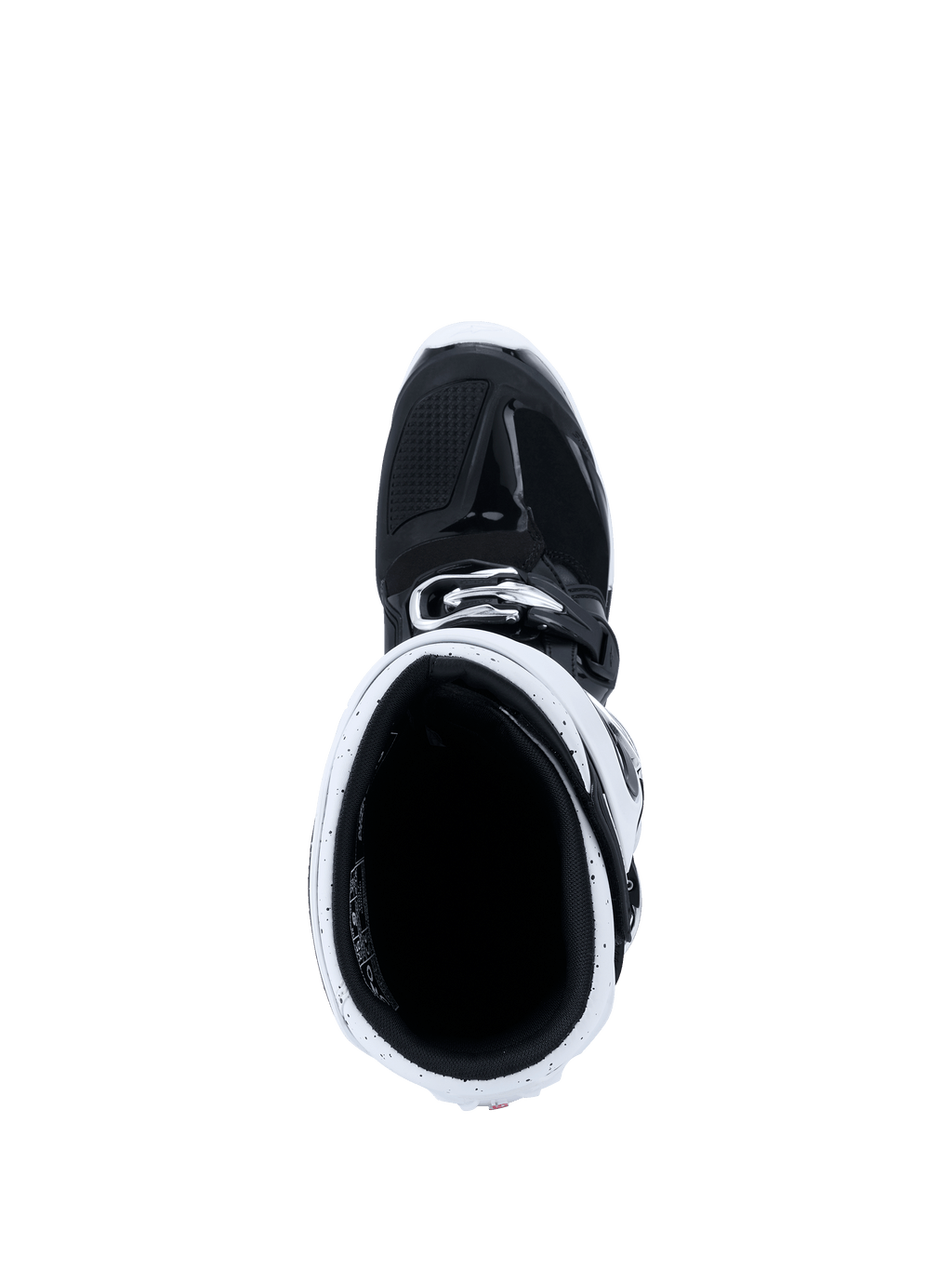 Alpinestars 2026 Tech 7 Enduro Boots, buty motocrossowe, czarno-białe, widok z góry do wnętrza cholewki pokazujący biały mankiet i czarne wnętrze, specjalistyczny sprzęt do jazdy off-road i enduro