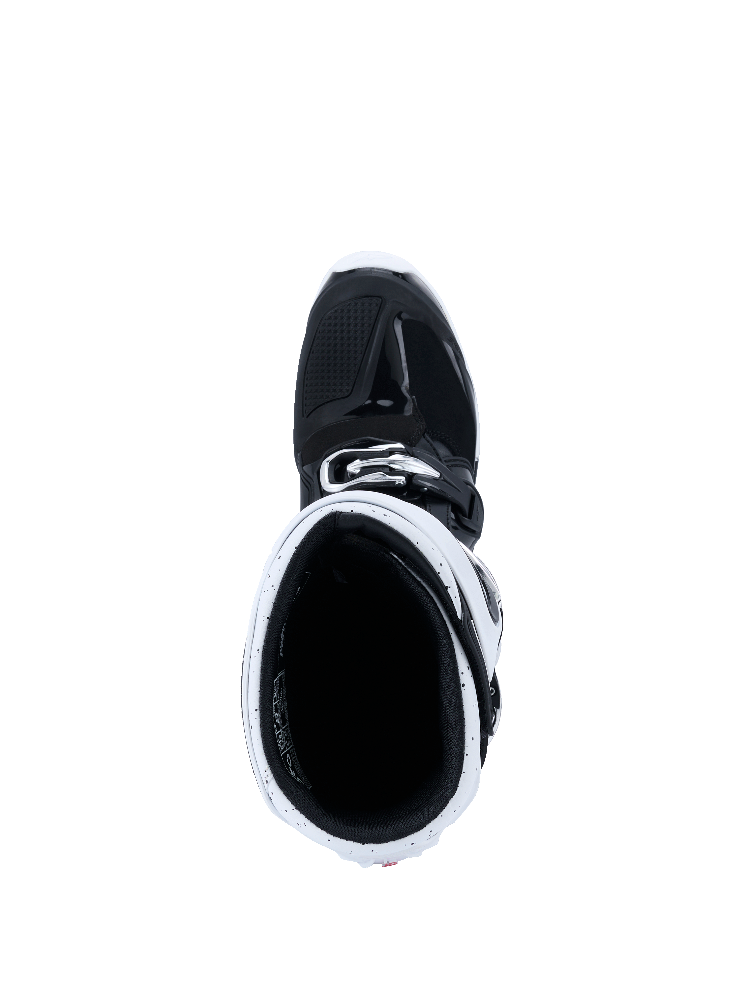 Alpinestars 2026 Tech 7 Enduro Boots, buty motocrossowe, czarno-białe, widok z góry do wnętrza cholewki pokazujący biały mankiet i czarne wnętrze, specjalistyczny sprzęt do jazdy off-road i enduro