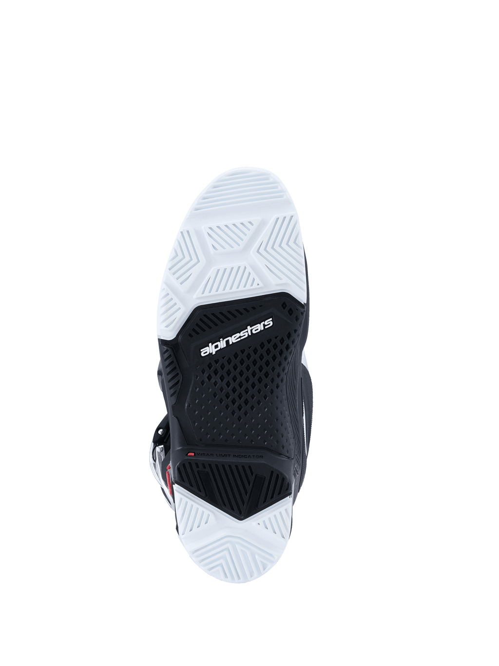 Buty Alpinestars 2026 Tech 7 Enduro, widok od spodu podeszwy, czarno-biała dwuskładnikowa podeszwa z teksturowanym wzorem bieżnika, logo Alpinestars na środku, zaprojektowane dla trwałości i przyczepności w terenie off-road