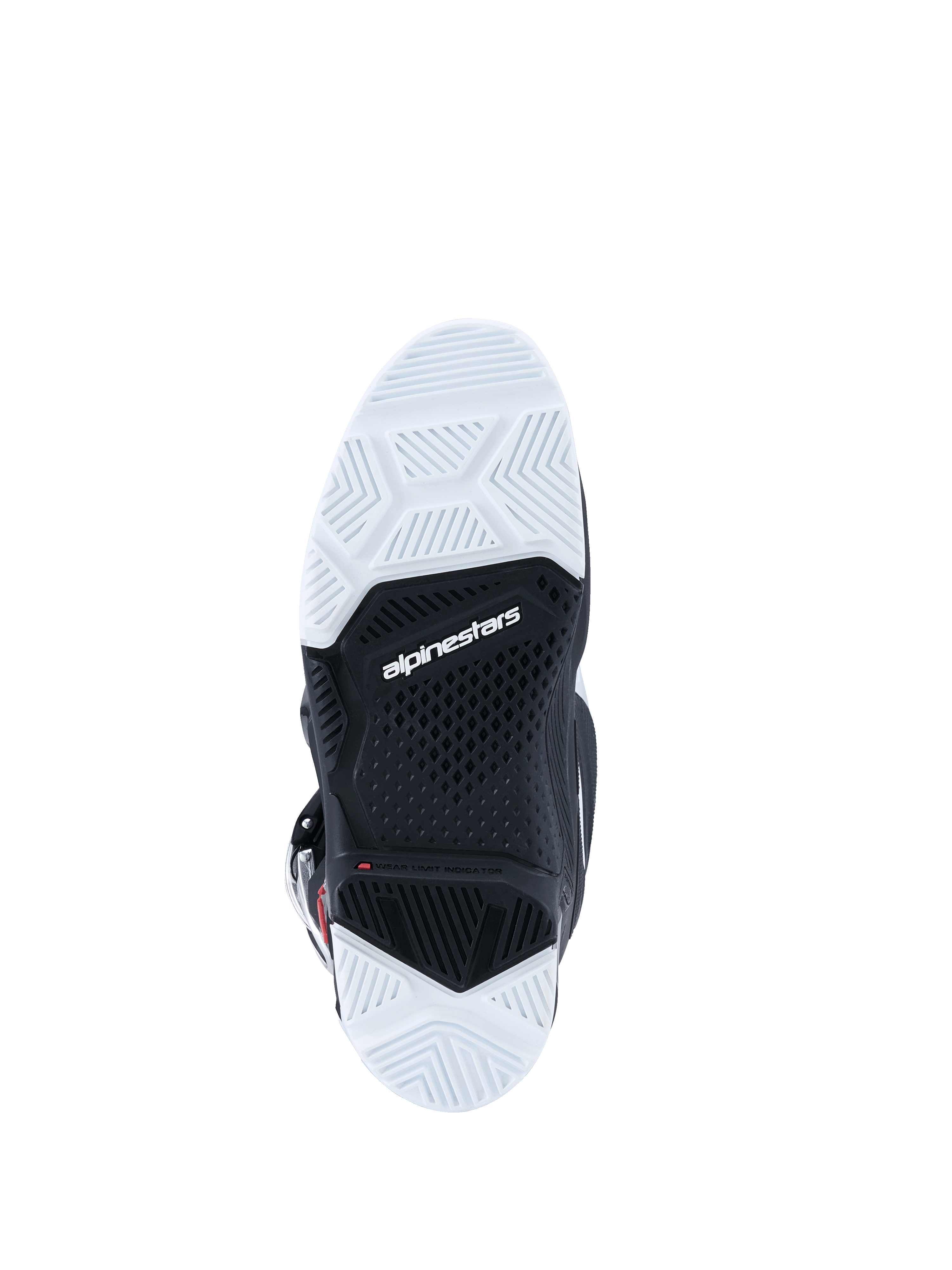 Buty Alpinestars 2026 Tech 7 Enduro, widok od spodu podeszwy, czarno-biała dwuskładnikowa podeszwa z teksturowanym wzorem bieżnika, logo Alpinestars na środku, zaprojektowane dla trwałości i przyczepności w terenie off-road
