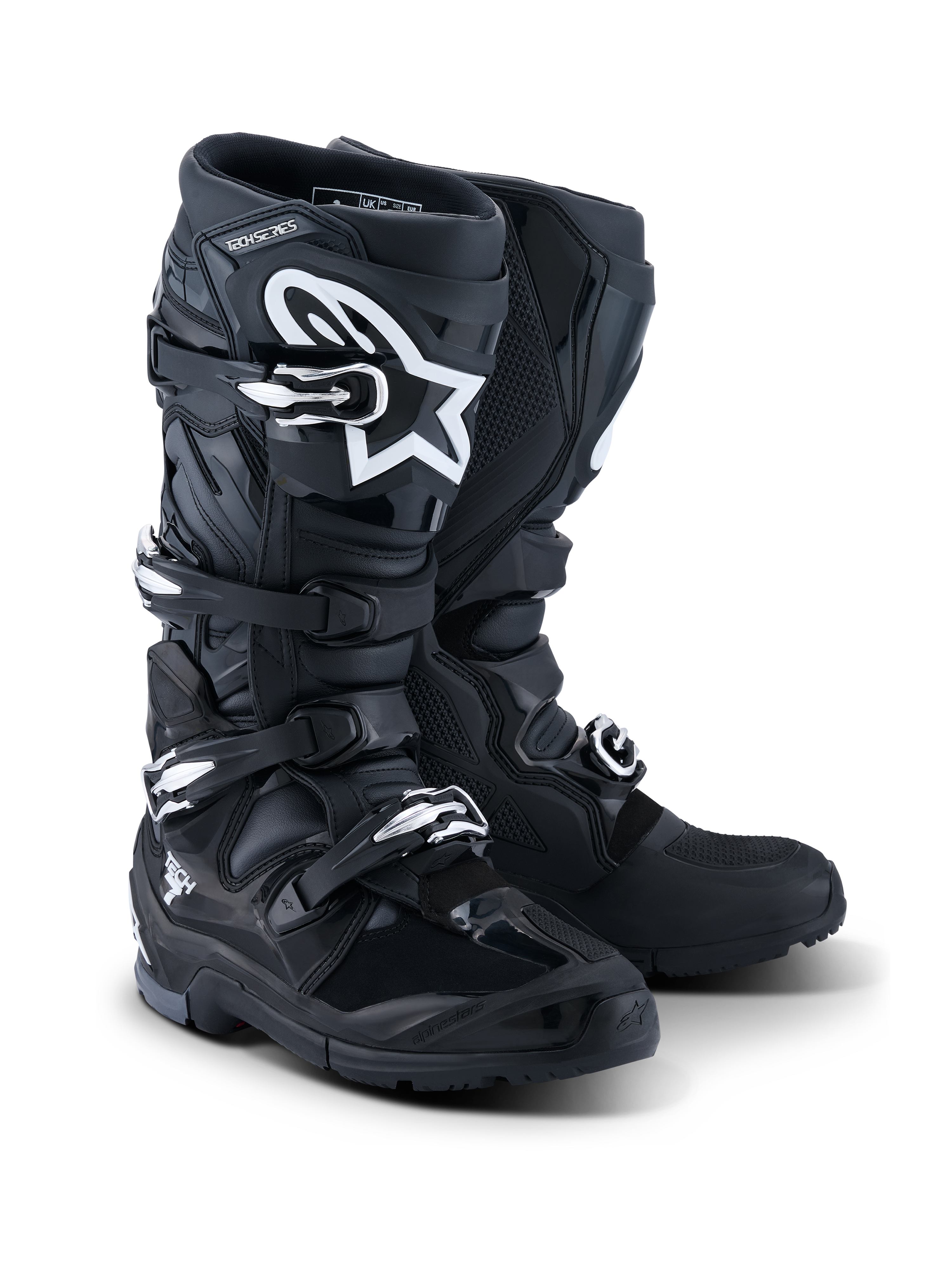 Alpinestars 2026 Tech 7 Enduro Boots, Motorcycle Enduro Boots, Black Anthracite and White, featuring a four-buckle closure system, white A-star logo on the shin plate, rugged dual-compound sole for off-road traction