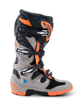 Alpinestars 2026 Tech 7 Enduro Boots, Motocross and Enduro Boots, Black Warm Gray and Orange Fluo, side profile view, featuring a four-buckle closure system, TPU protective panels, and a specialized dual-compound orange sole for off-road performance