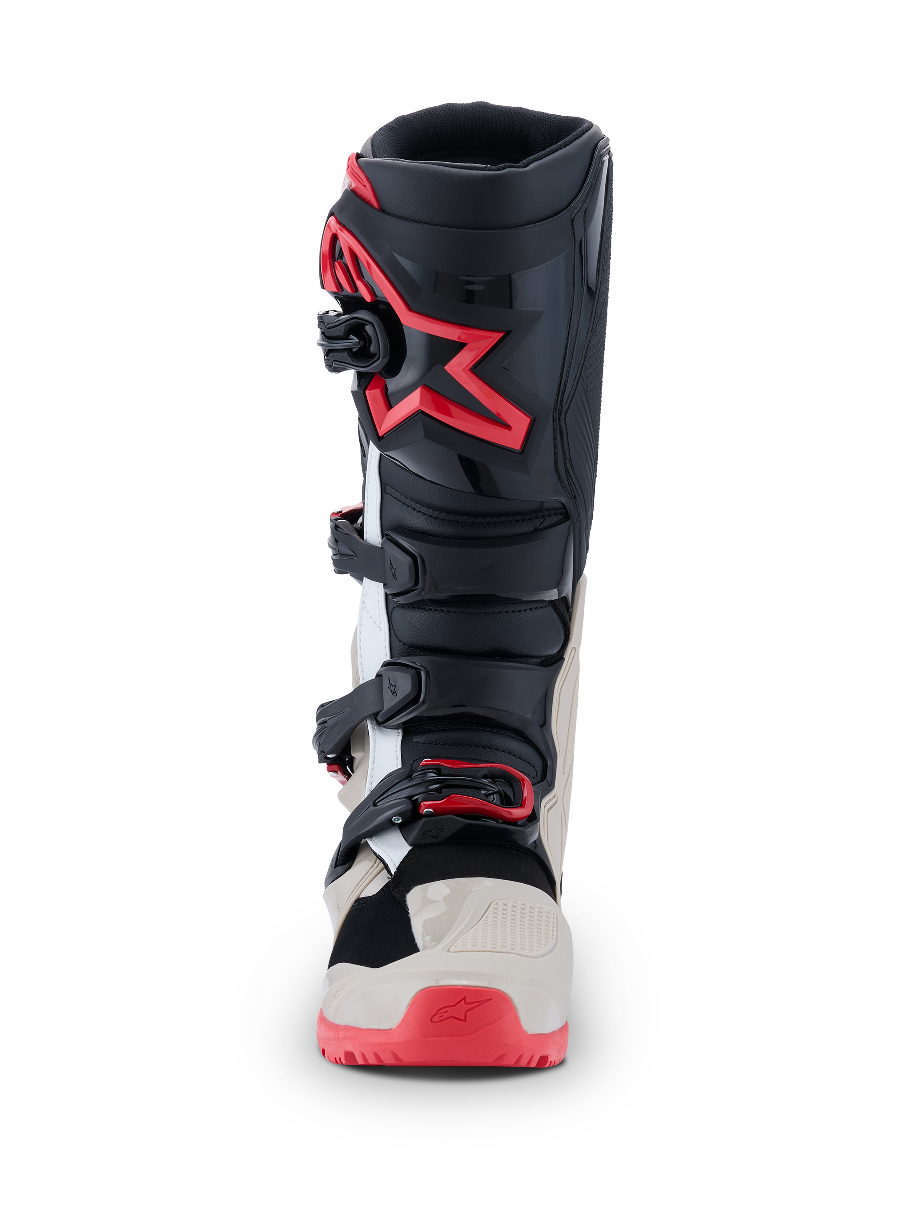Alpinestars 2026 Tech 7 Enduro Boots, Motocross Boots, Black Light Gray and Bright Red, front view showing multi-buckle closure system and red star logo on the shin