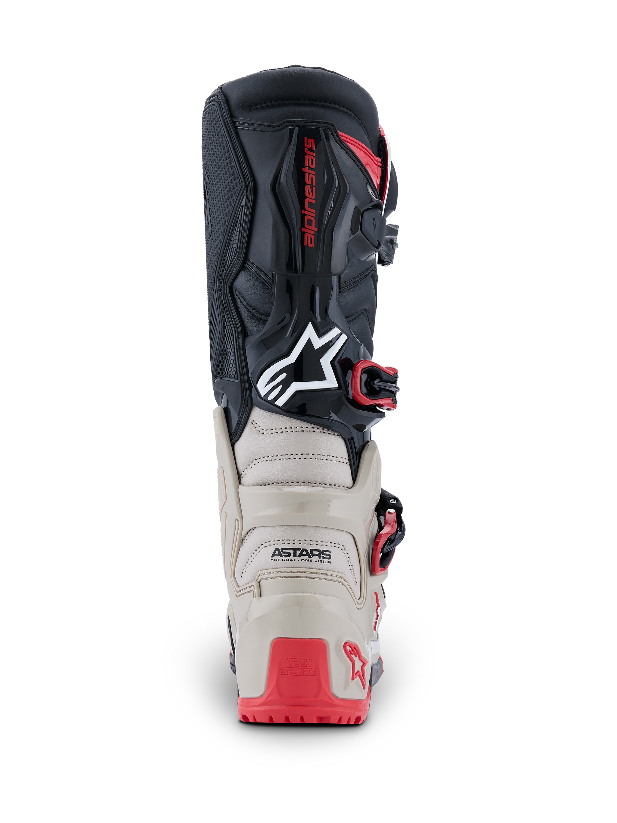 Buty Alpinestars Tech 7 Enduro 2026, widok z tyłu, czarne, jasnoszare i jaskrawoczerwone, wzmocniona ochrona TPU na pięcie i łydce, białe logo Astars, czerwone akcenty klamer, wytrzymała konstrukcja do wyścigów off-road