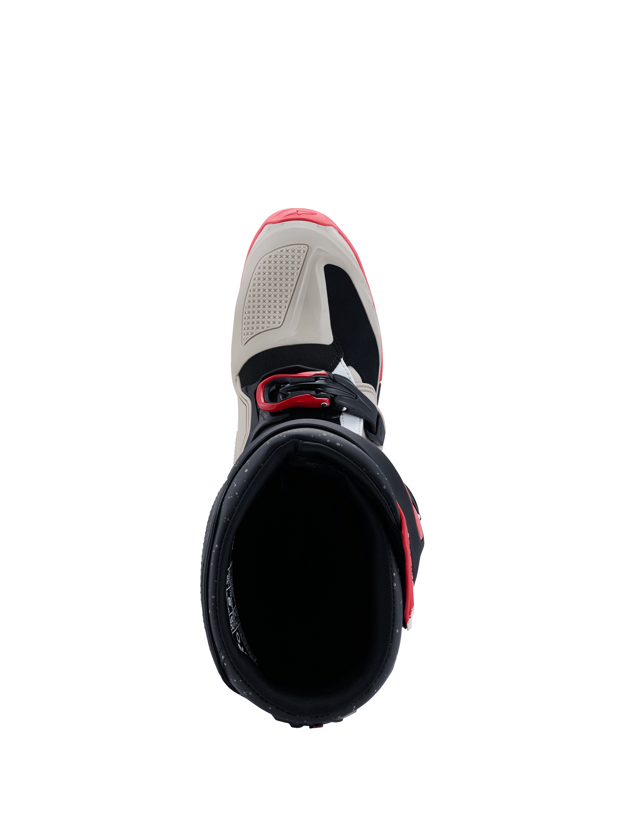 Buty Alpinestars 2026 Tech 7 Enduro, czarne, jasnoszare i jaskrawoczerwone, widok z góry pokazujący otwór buta i czubek, z jasnoszarymi wzmocnieniami TPU i czerwonymi akcentami klamer, specjalistyczne obuwie terenowe.