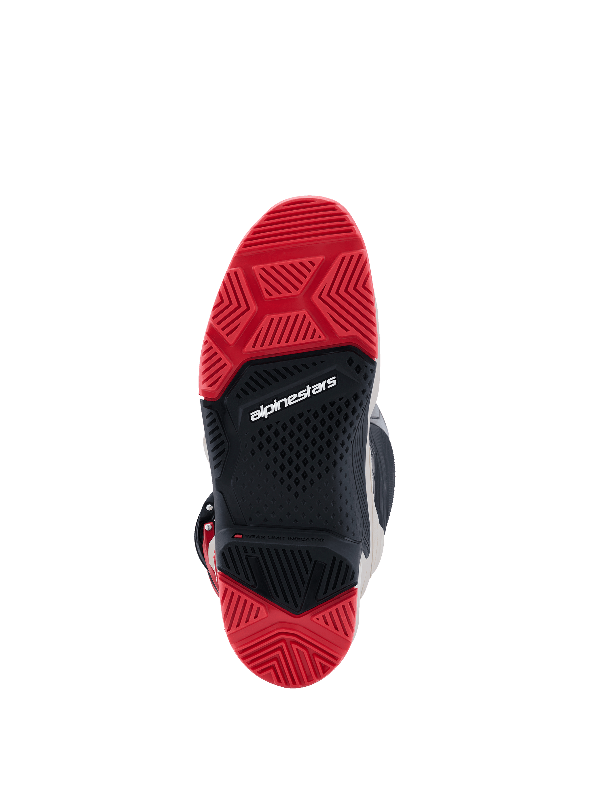 Buty Alpinestars 2026 Tech 7 Enduro, widok od dołu na dwuskładnikową podeszwę, jaskrawoczerwona i czarna guma ze specjalistycznym wzorem bieżnika dla przyczepności w terenie, z białym logo Alpinestars na środku