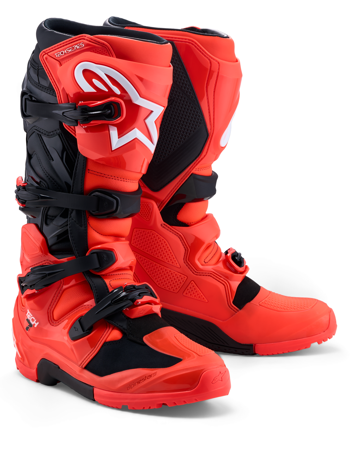 Alpinestars Tech 7 Enduro, buty motocyklowe off-road, czerwone i czarne, ochrona TPU, system klamer, wytrzymała podeszwa enduro, certyfikowane CE