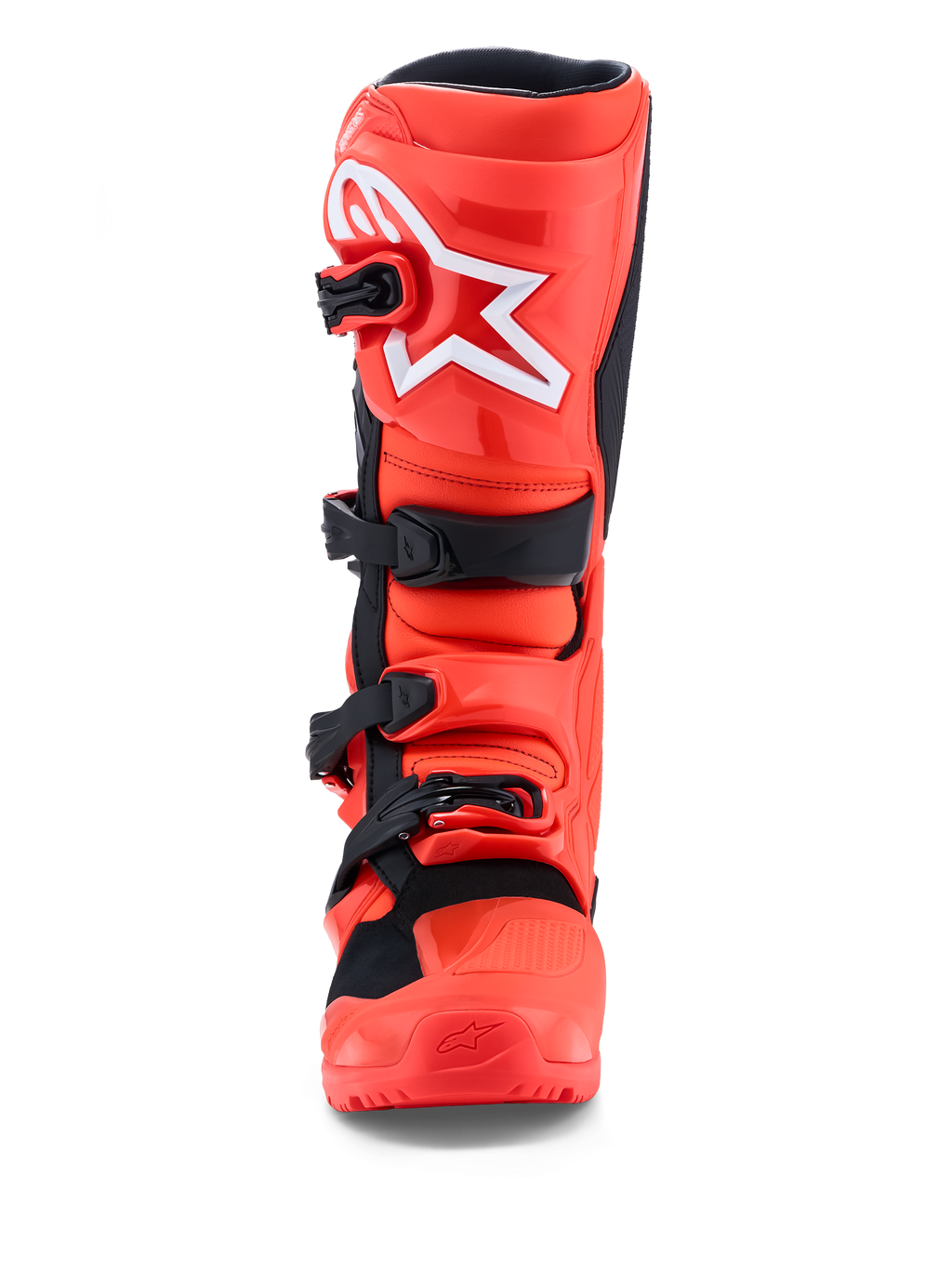 Alpinestars Tech 7 Enduro Boots, Fluorescent Red and Black Motocross Boots with CE Certified TPU protection, frontal view.