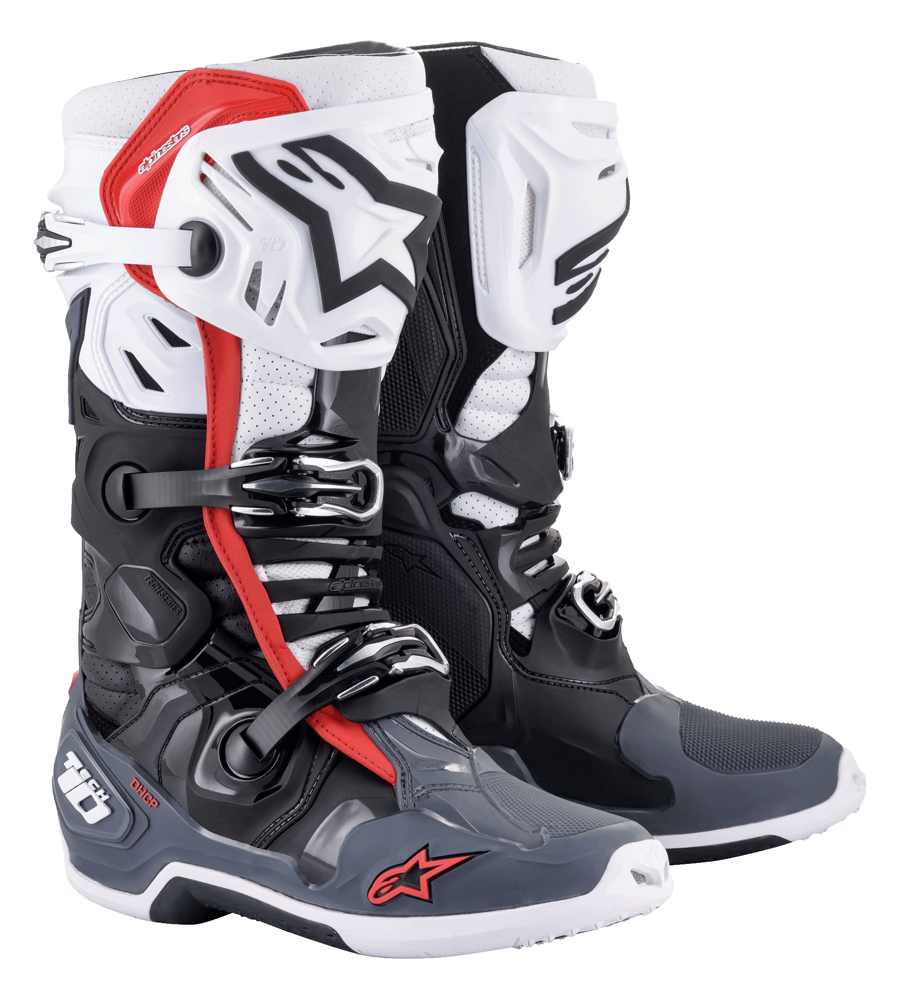 Alpinestars Tech 10 Supervented Boots, buty motocrossowe, czarne, białe, szare i czerwone, wentylowane ochraniacze piszczeli, perforowana konstrukcja z mikrofibry dla optymalnego przepływu powietrza, system zapięcia na wiele klamer, logo Alpinestars na palcach i pięcie.
