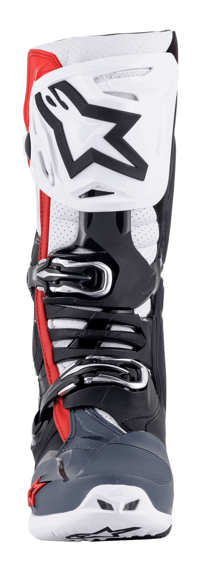 Buty Alpinestars Tech 10 Supervented, widok z przodu, czarne, białe, szare i czerwone, wyposażone w wentylowany ochraniacz piszczeli z dużym czarnym logo gwiazdy, system klamer z mikroregulacją, perforowane strefy dla lepszego przepływu powietrza oraz wytrzymałą konstrukcję ochronną TPU do motocrossu.