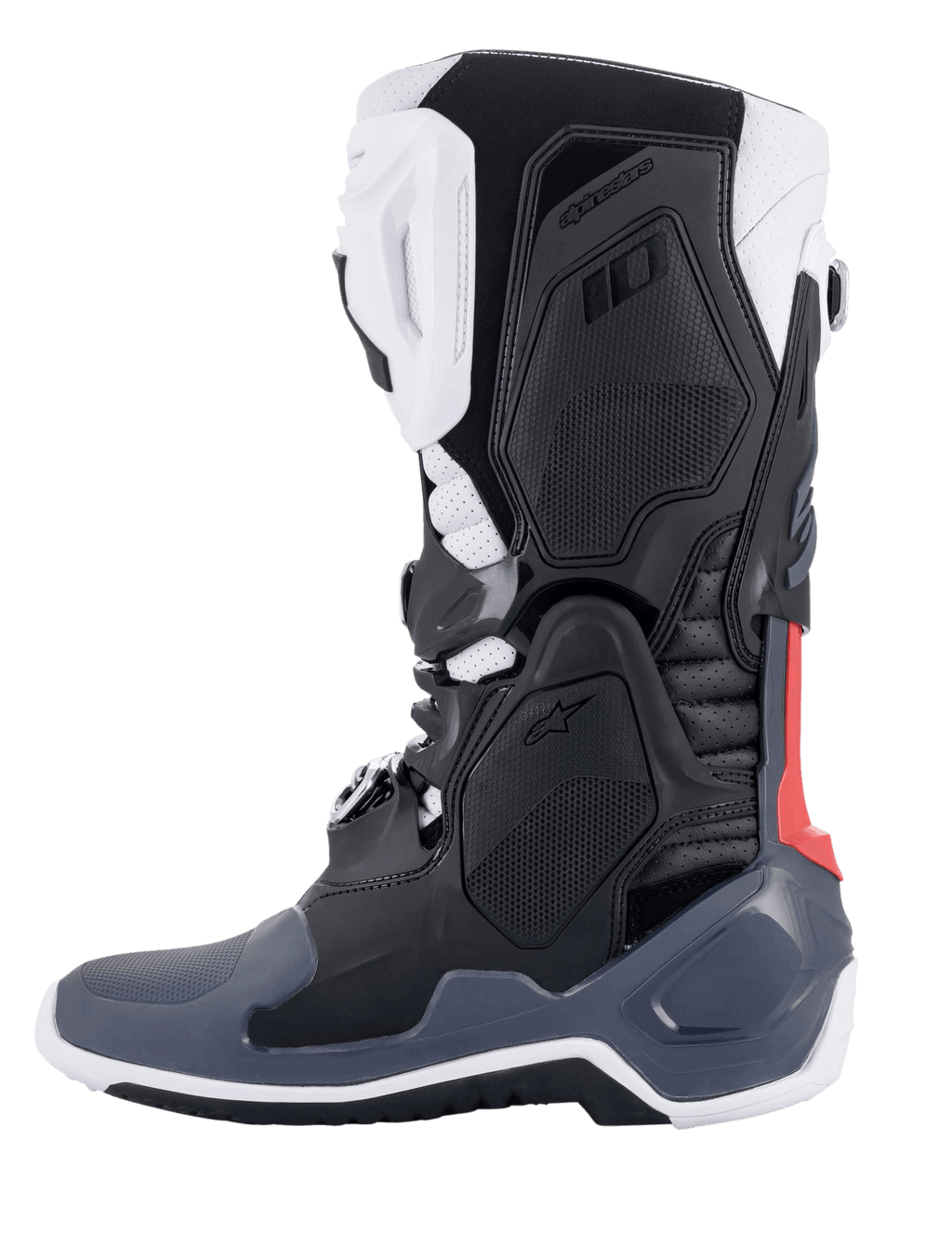 Buty Alpinestars Tech 10 Supervented, buty motocrossowe, czarne, białe, szare i czerwone, widok z boku, z wentylowanymi panelami TPU, konstrukcją z perforowanej mikrofibry i wysokowydajną podeszwą do jazdy terenowej