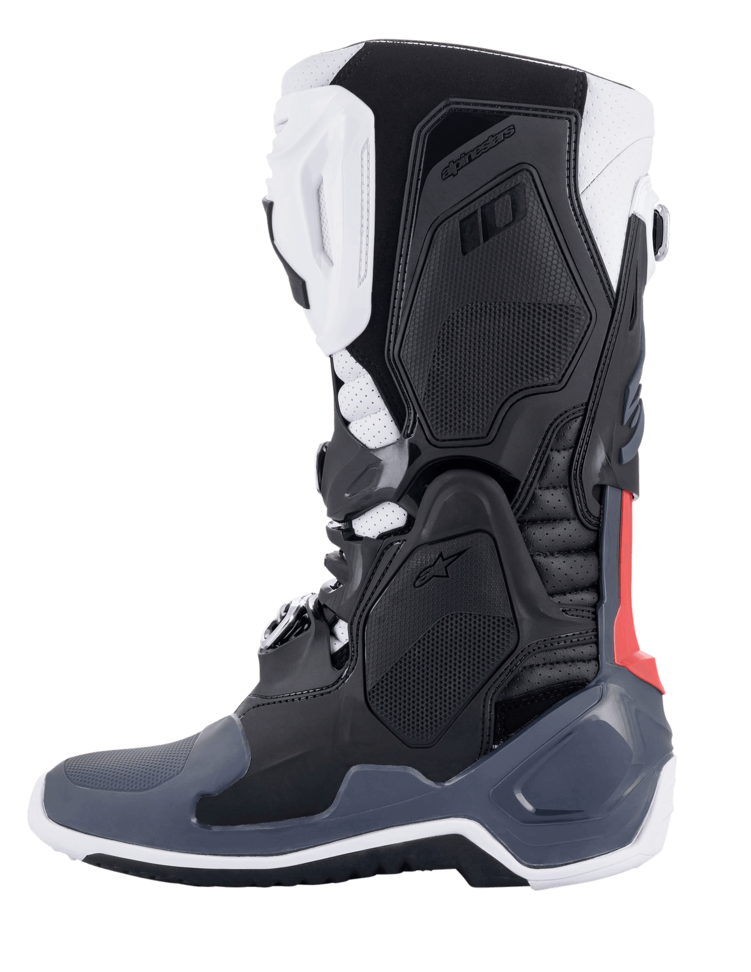 Buty Alpinestars Tech 10 Supervented, buty motocrossowe, czarne, białe, szare i czerwone, widok z boku, z wentylowanymi panelami TPU, konstrukcją z perforowanej mikrofibry i wysokowydajną podeszwą do jazdy terenowej