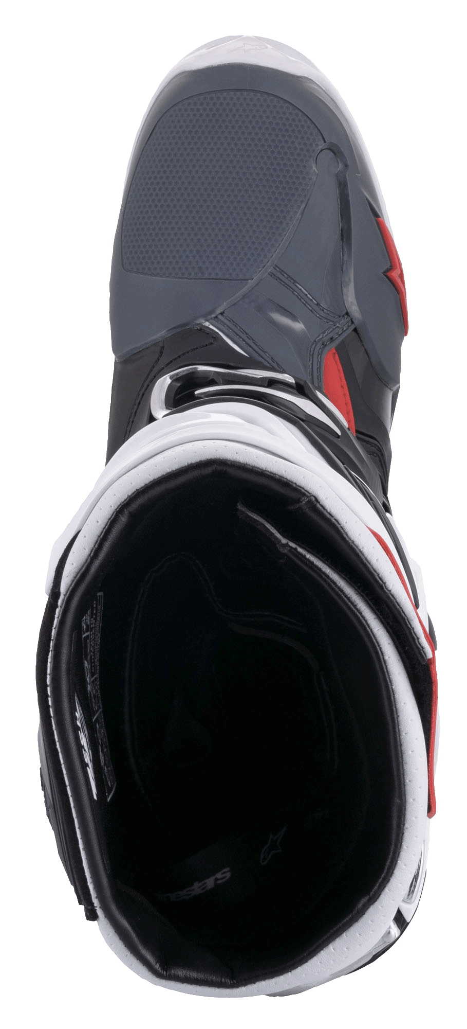 Buty Alpinestars Tech 10 Supervented, buty motocrossowe, czarno-biało-szaro-czerwone, widok z góry na wnętrze z siateczkową wyściółką i wyściełanym kołnierzem, techniczna konstrukcja zapewniająca wysoką wydajność przepływu powietrza