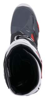Buty Alpinestars Tech 10 Supervented, buty motocrossowe, czarno-biało-szaro-czerwone, widok z góry na wnętrze z siateczkową wyściółką i wyściełanym kołnierzem, techniczna konstrukcja zapewniająca wysoką wydajność przepływu powietrza
