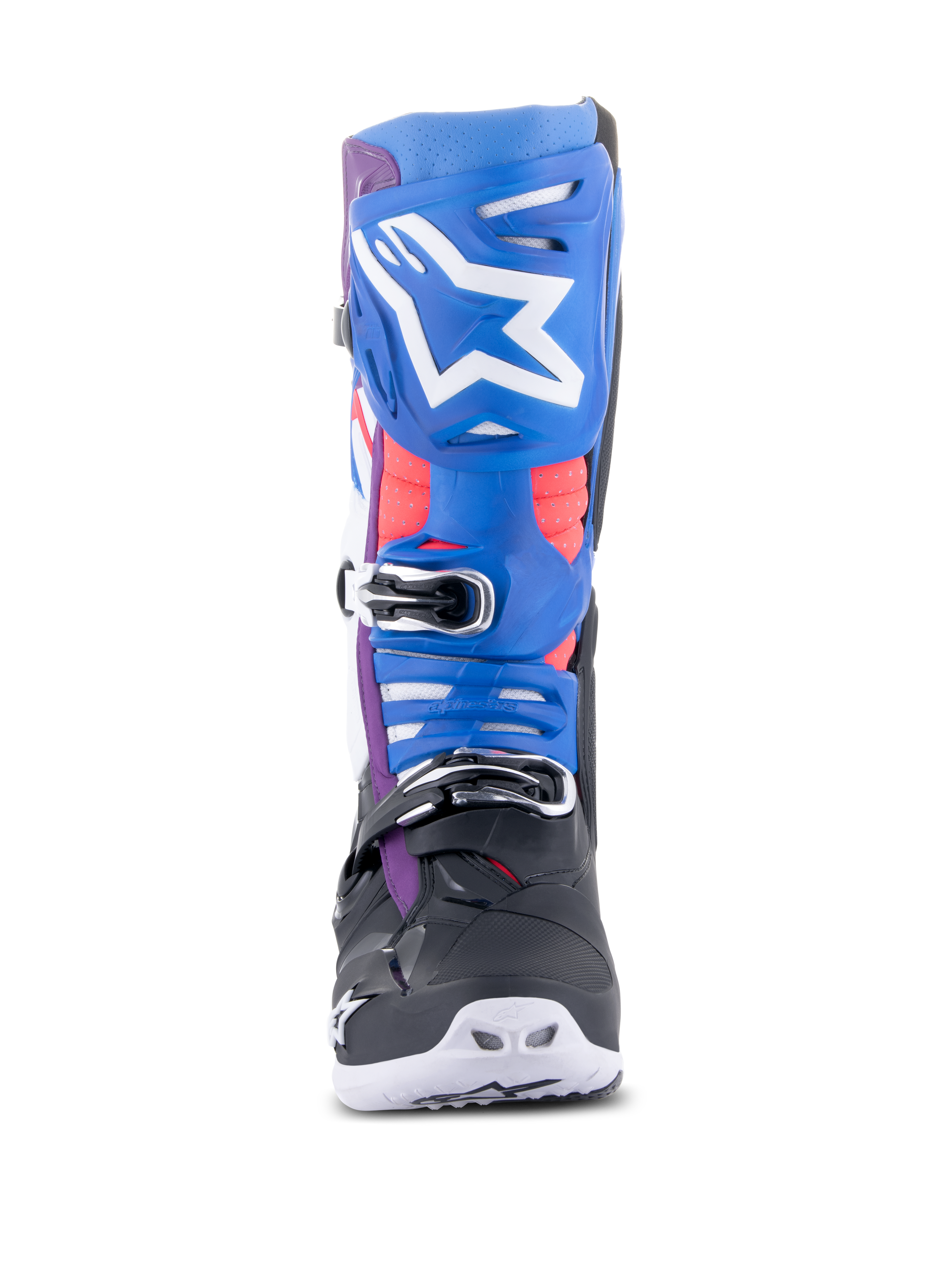 Alpinestars Tech 10 Supervented Boots, Motocross Boots, Black Enamel Blue Purple White, front-facing view featuring blue shin plate with white star logo, chrome-accented buckles, and ventilated construction for off-road racing.