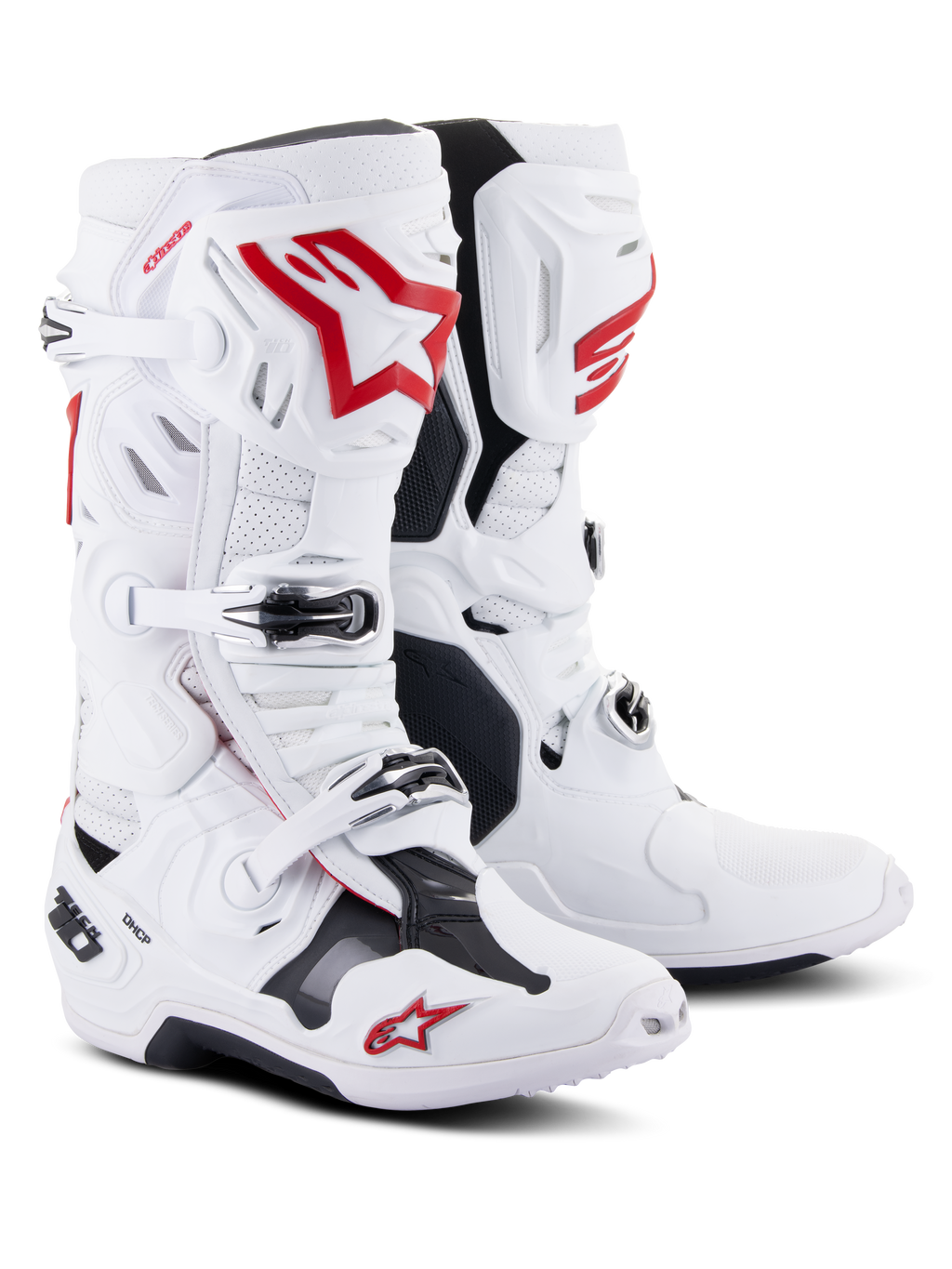 Alpinestars Tech 10 Supervented Boots, Motocross Boots, White and Bright Red, featuring perforated microfiber for airflow, prominent red Astars logos, black buckle closures, and a reinforced TPU chassis for off-road performance.